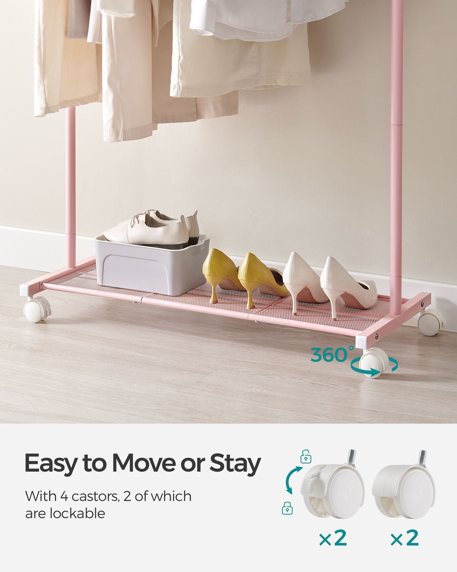 Garment Rack - Metal - Jelly Pink - Mobile with Storage Shelf