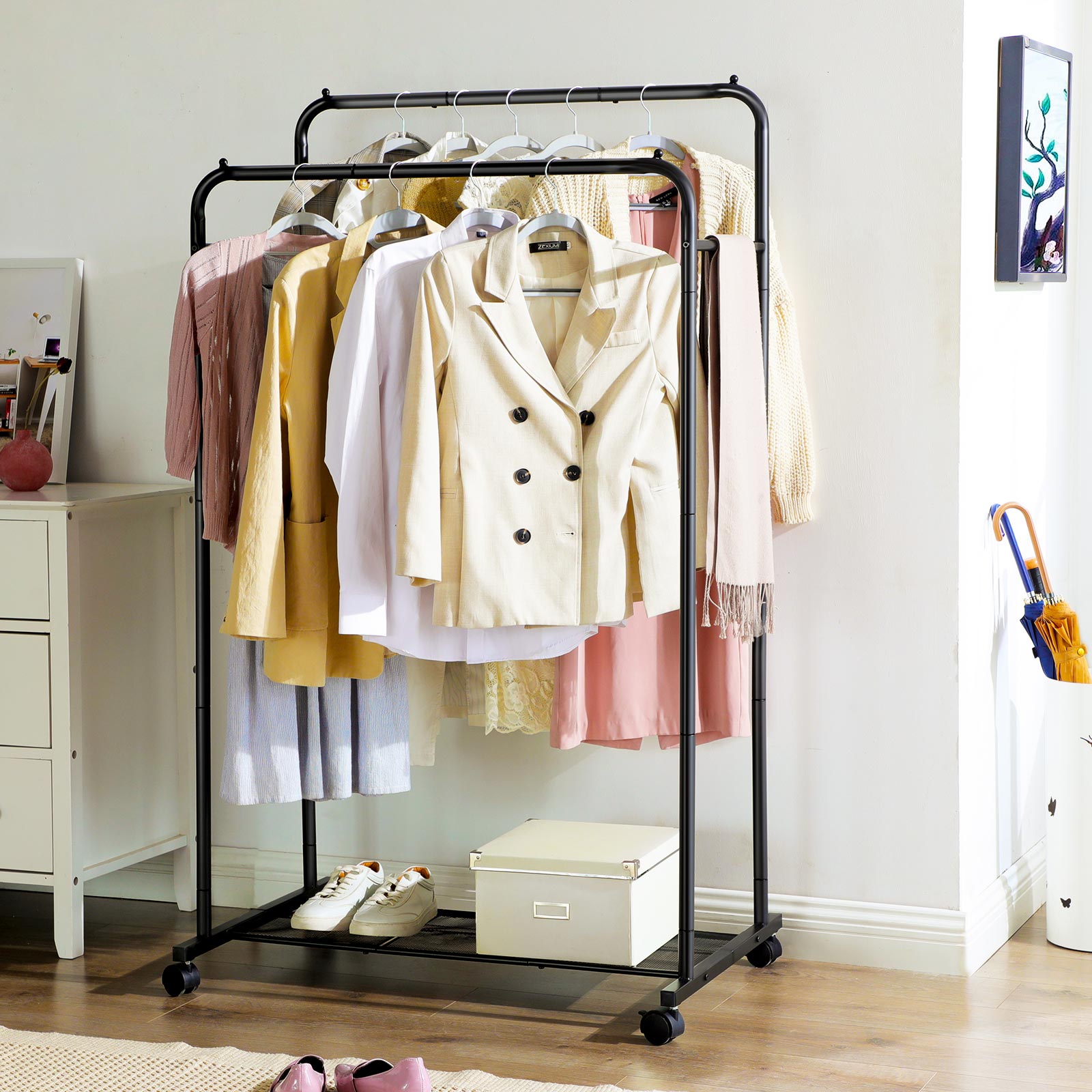 Garment Rack - Metal - Black - Double-Rail with Wheels and Mesh Shelf