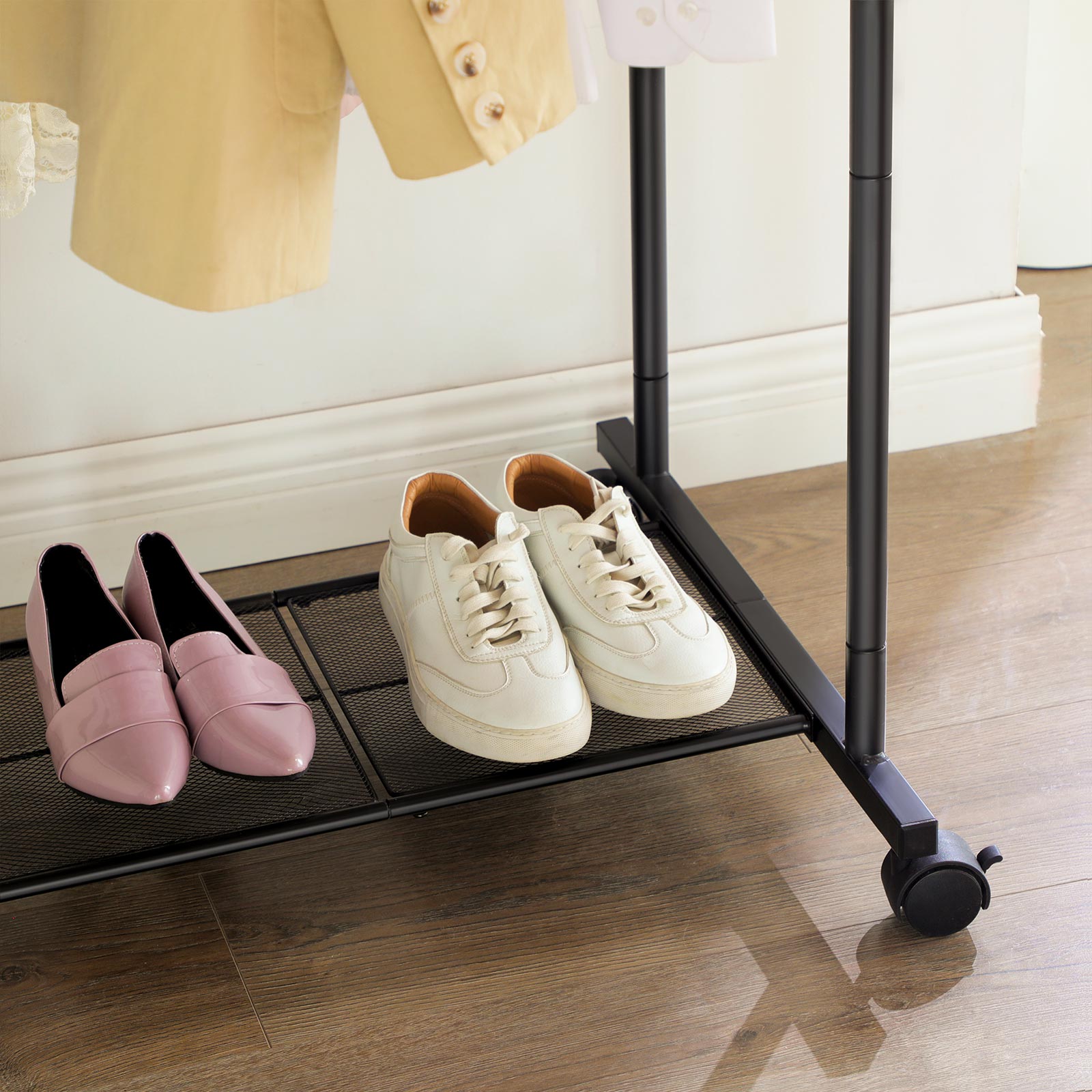 Garment Rack - Metal - Black - Double-Rail with Wheels and Mesh Shelf