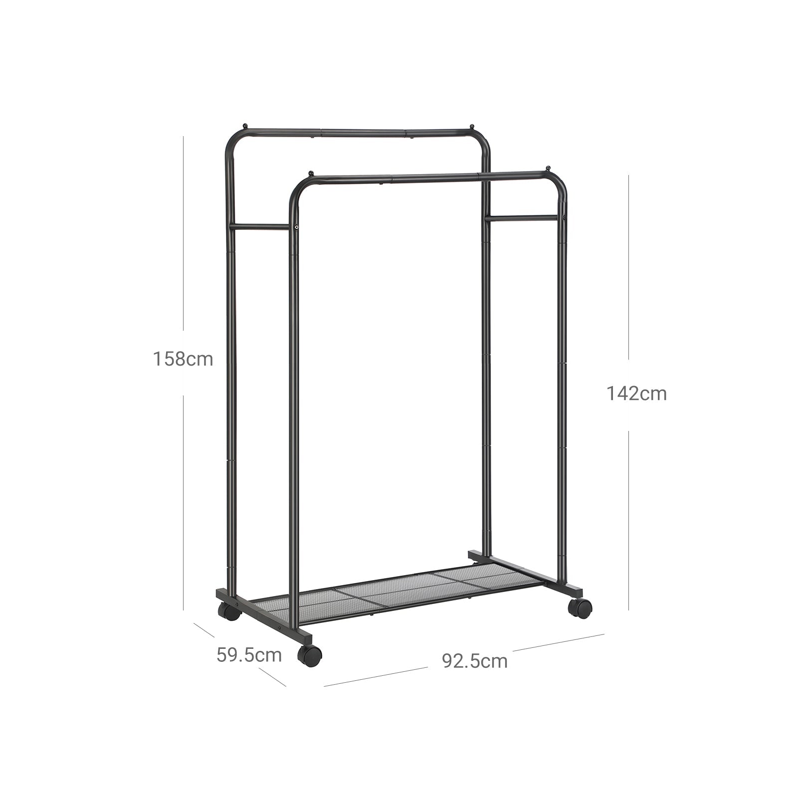 Garment Rack - Metal - Black - Double-Rail with Wheels and Mesh Shelf