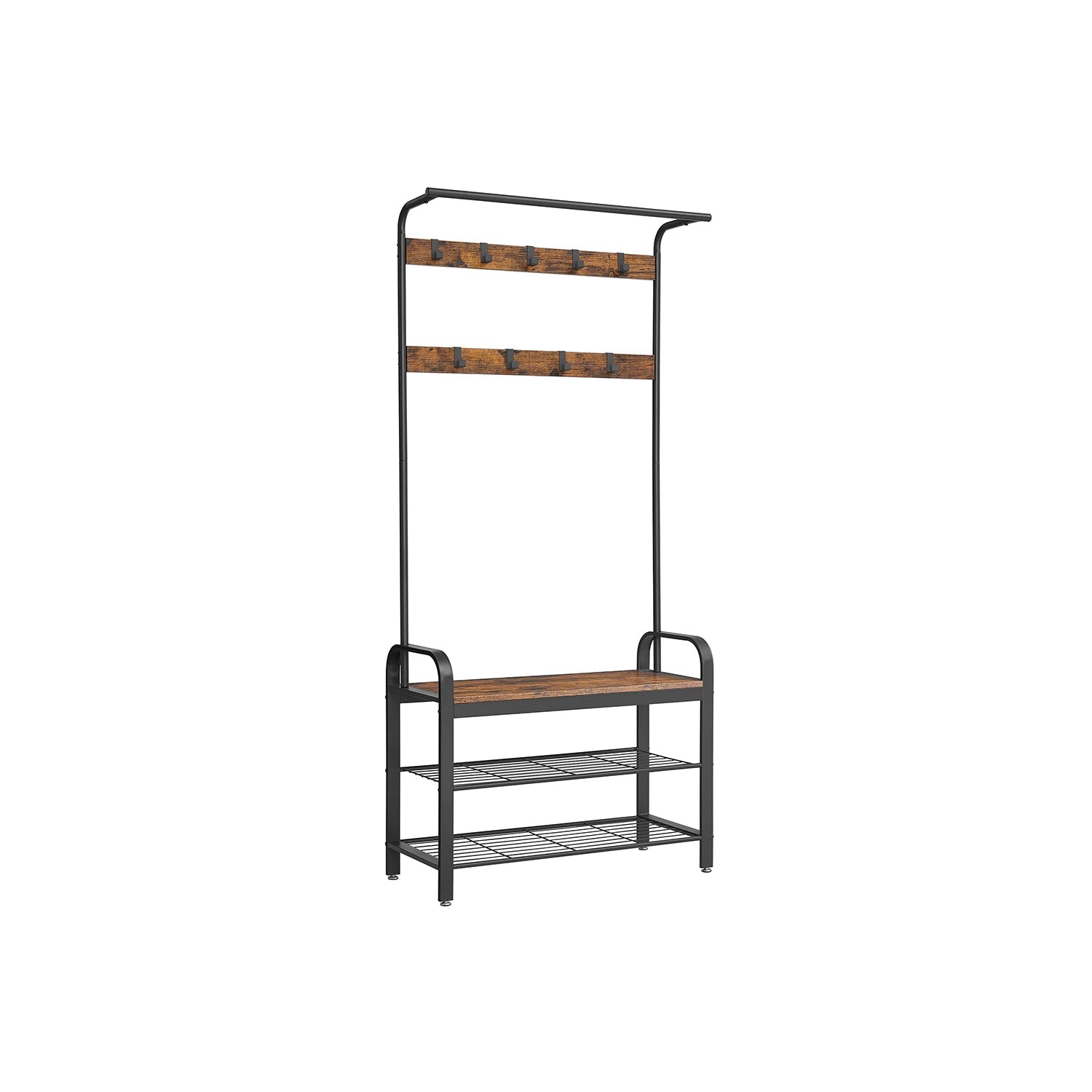 Coat Rack Stand - Steel - Rustic Brown and Black - Free Standing with Removable Hooks and Bench