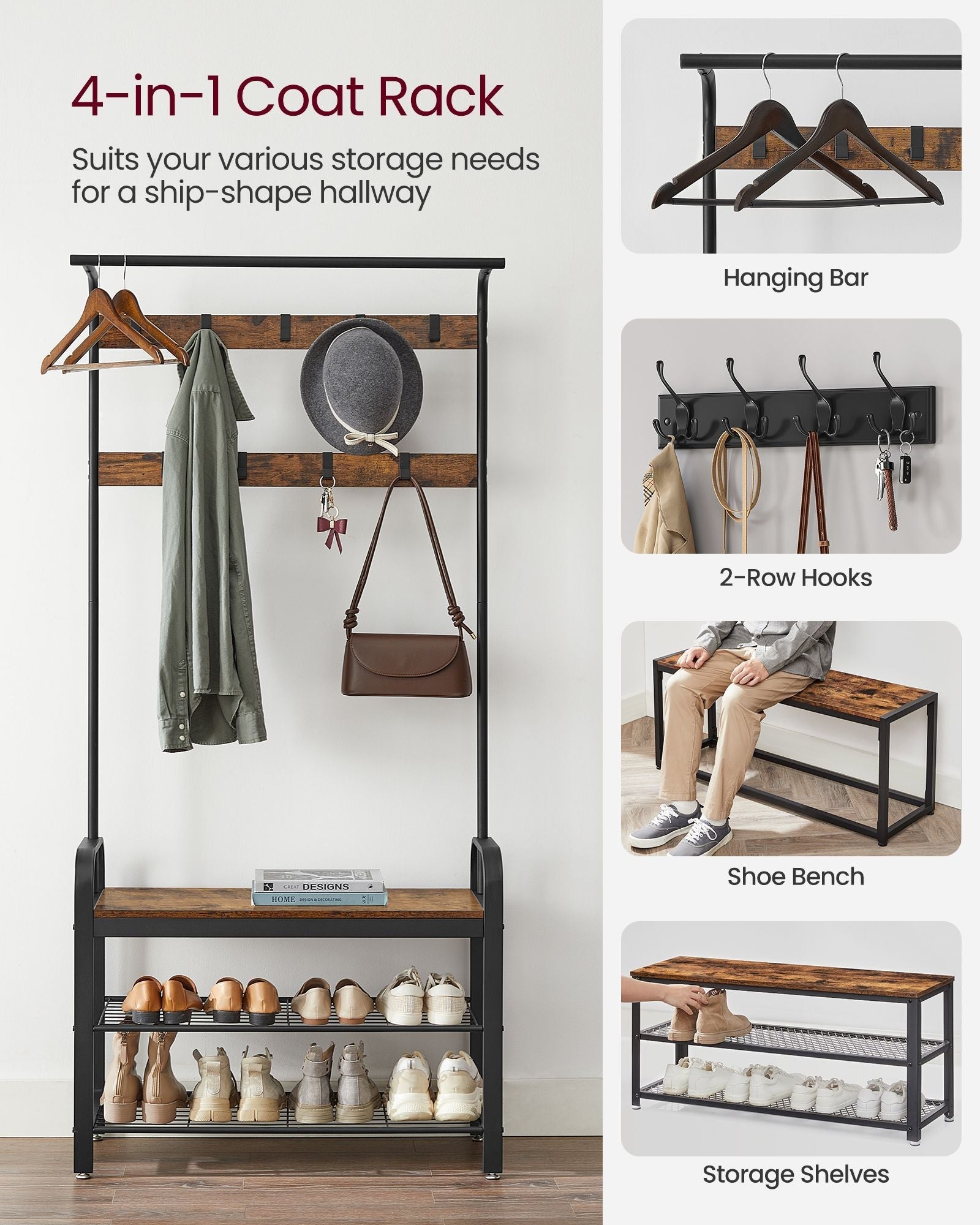 Coat Rack Stand - Steel - Rustic Brown and Black - Free Standing with Removable Hooks and Bench