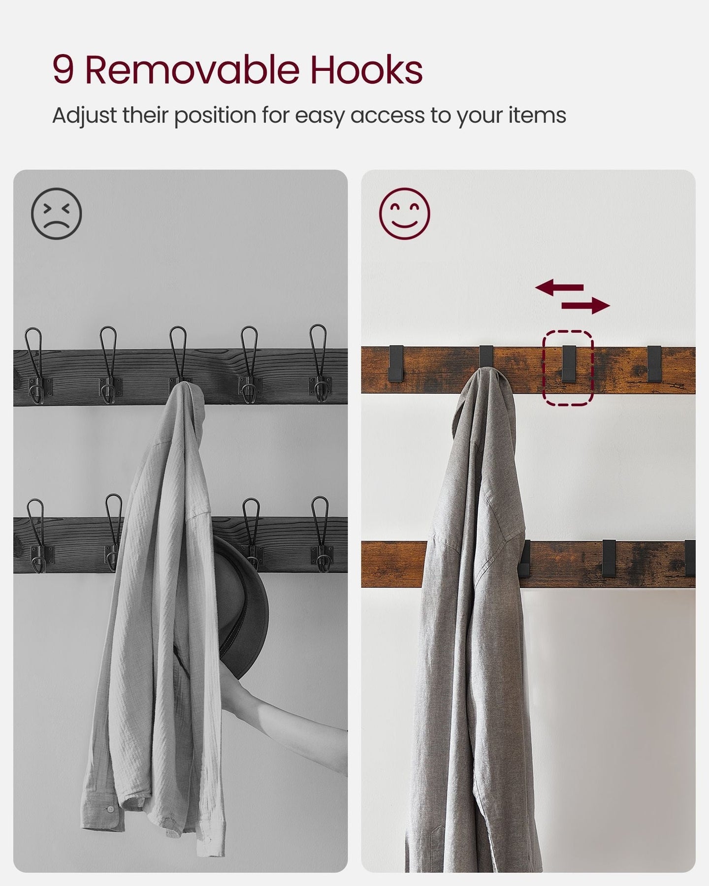 Coat Rack Stand - Steel - Rustic Brown and Black - Free Standing with Removable Hooks and Bench
