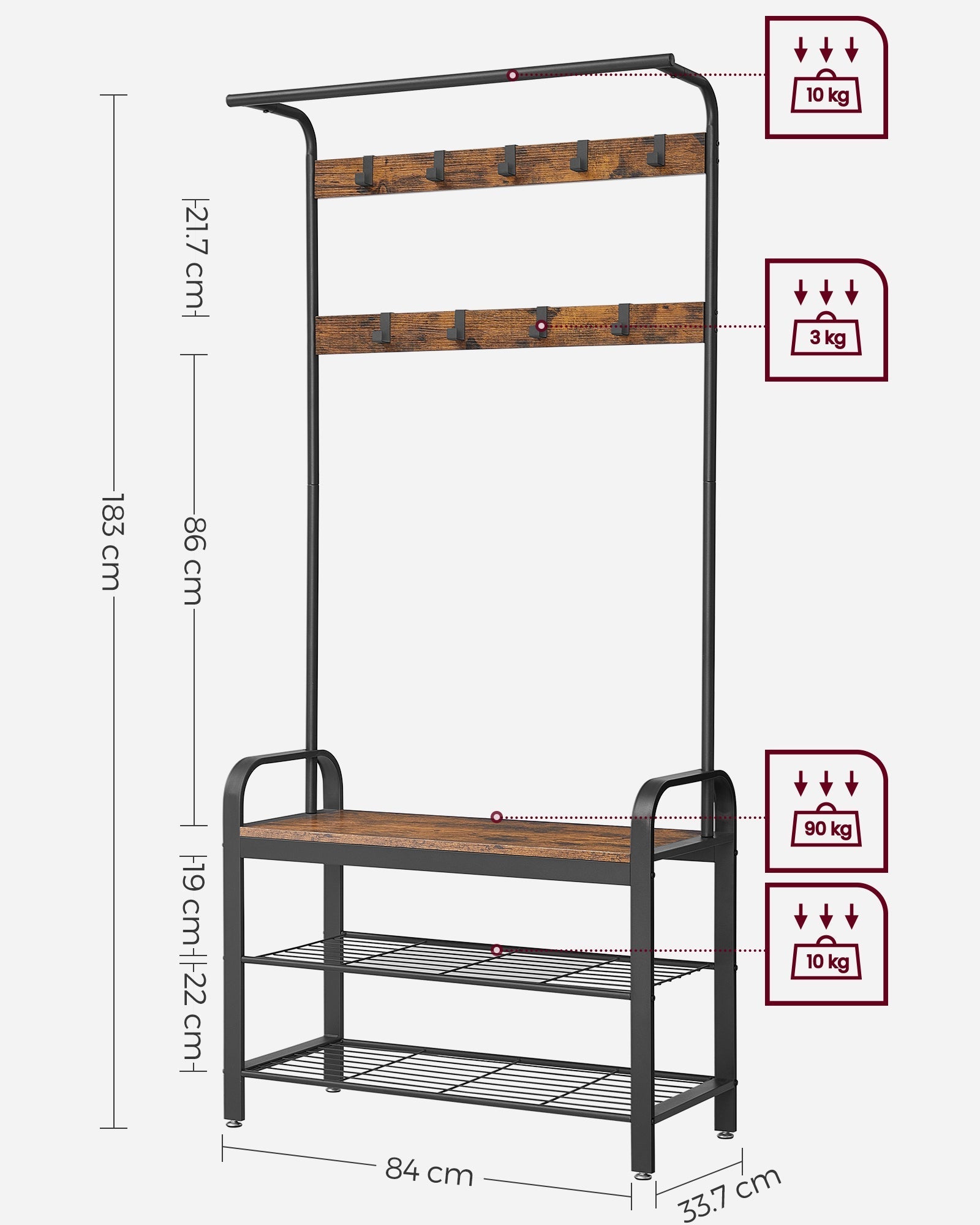 Coat Rack Stand - Steel - Rustic Brown and Black - Free Standing with Removable Hooks and Bench