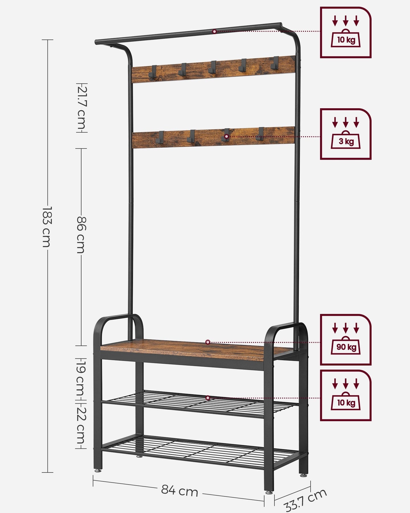 Coat Rack Stand - Steel - Rustic Brown and Black - Free Standing with Removable Hooks and Bench