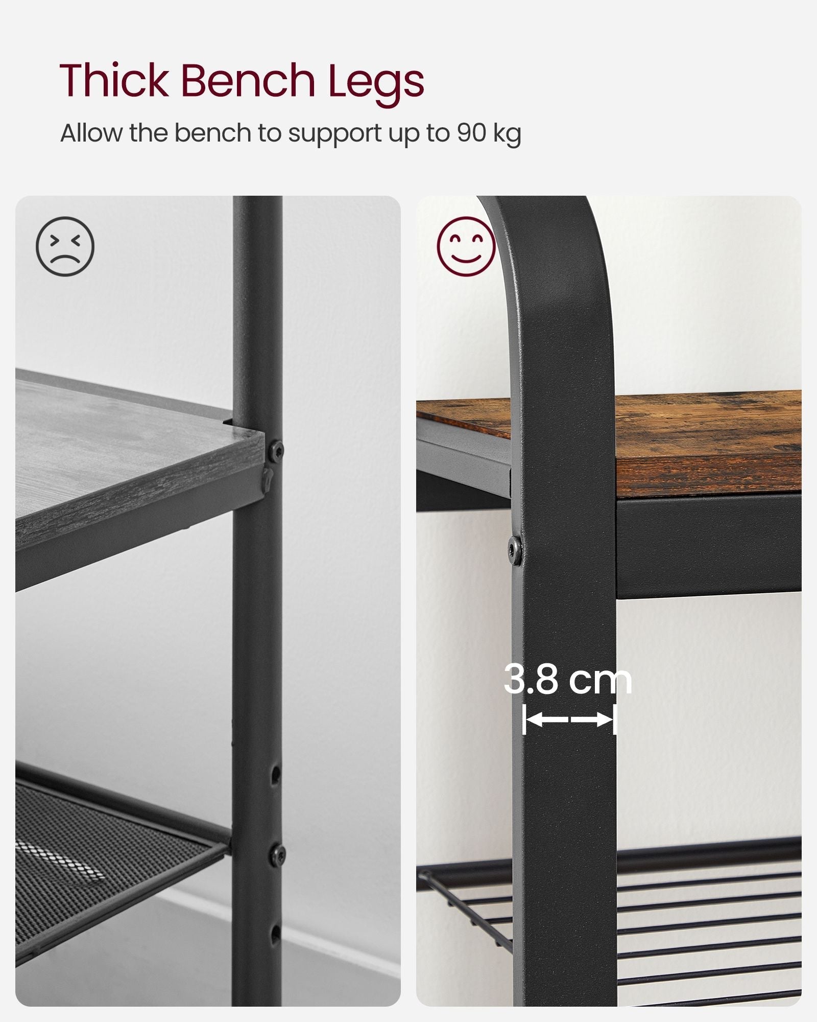 Coat Rack Stand - Steel - Rustic Brown and Black - Free Standing with Removable Hooks and Bench