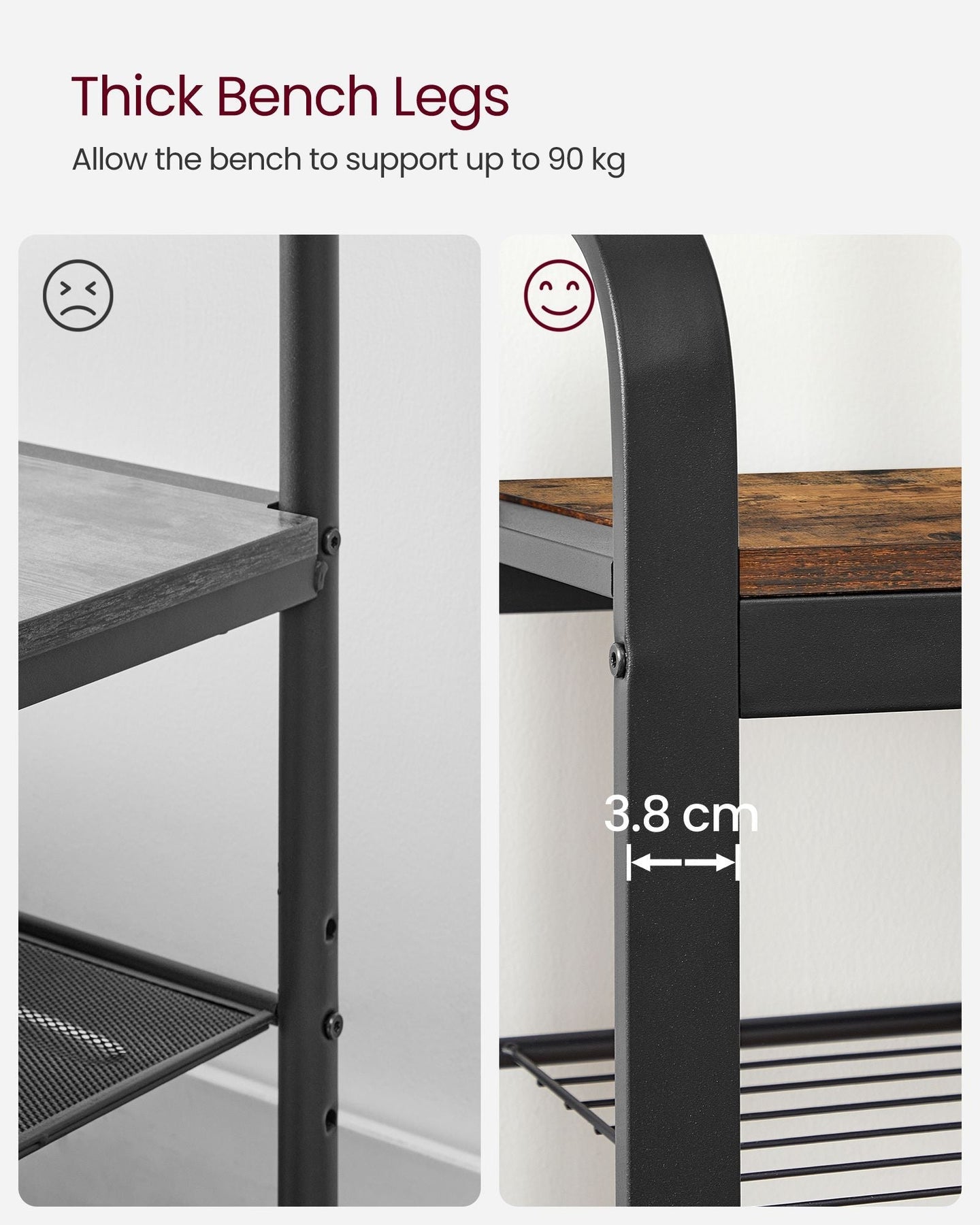 Coat Rack Stand - Steel - Rustic Brown and Black - Free Standing with Removable Hooks and Bench