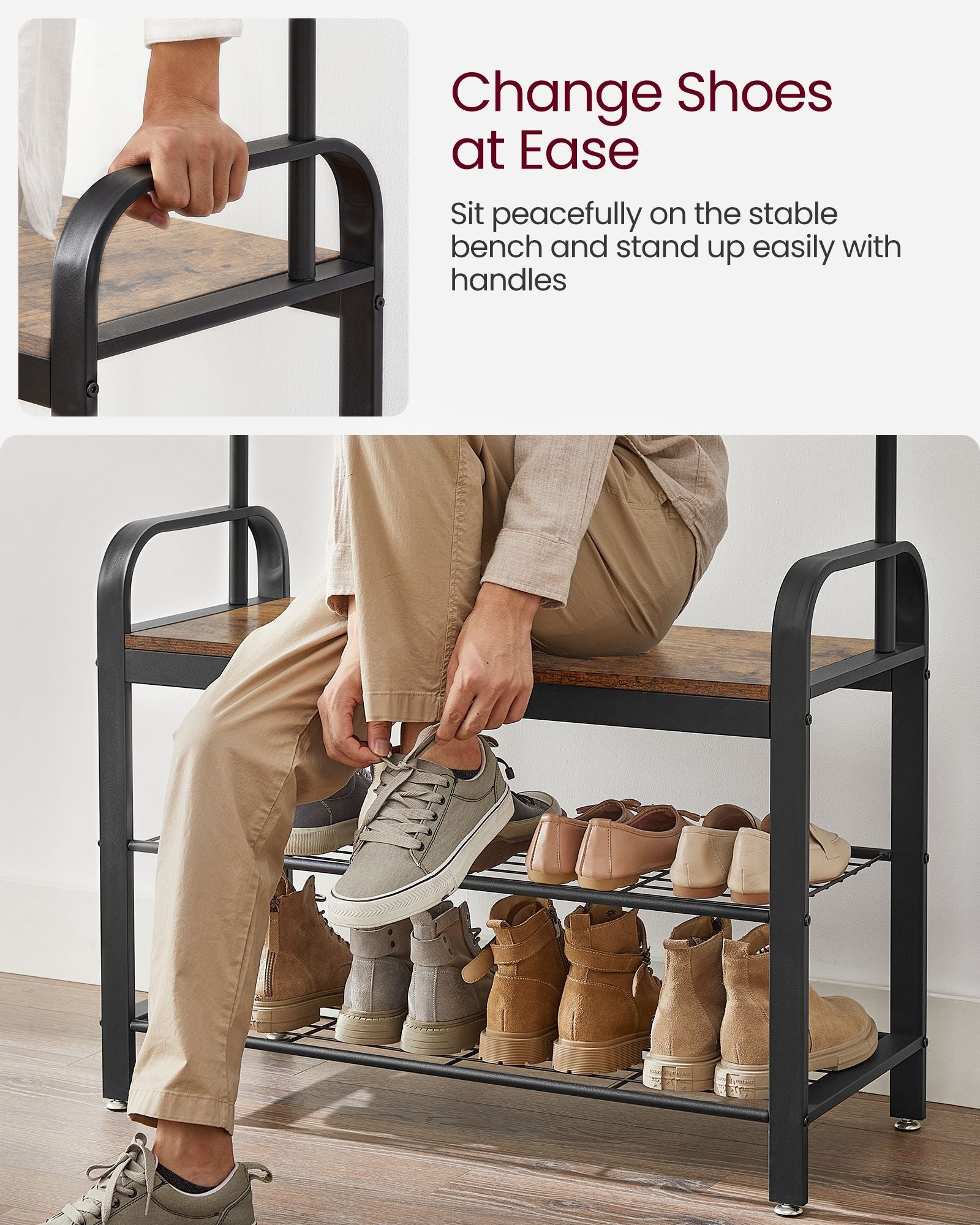 Coat Rack Stand - Steel - Rustic Brown and Black - Free Standing with Removable Hooks and Bench