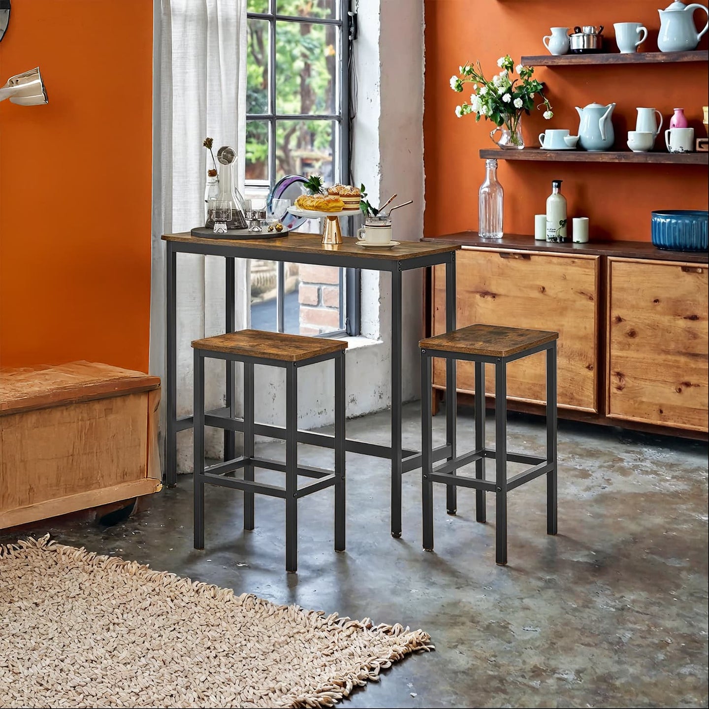 Bar Table Set - Steel - Rustic Brown and Black - Includes Two Stools