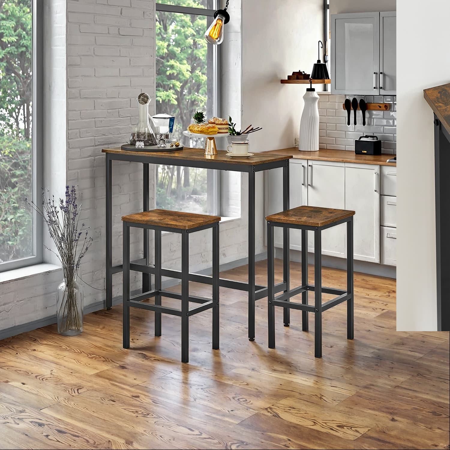 Bar Table Set - Steel - Rustic Brown and Black - Includes Two Stools