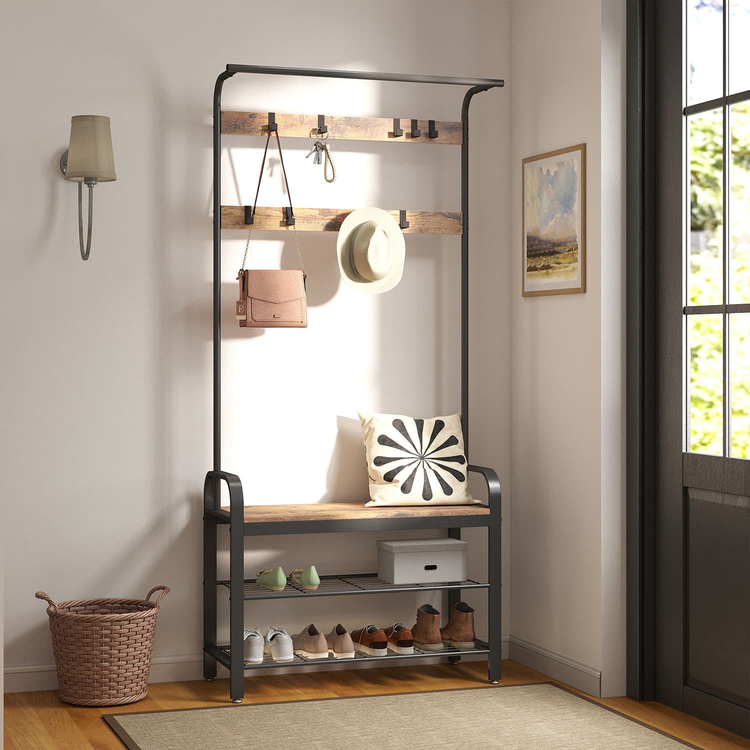 Coat Rack - Steel - Hazelnut Brown and Black - Free Standing Hall Tree with Shoe Bench and Removable Hooks