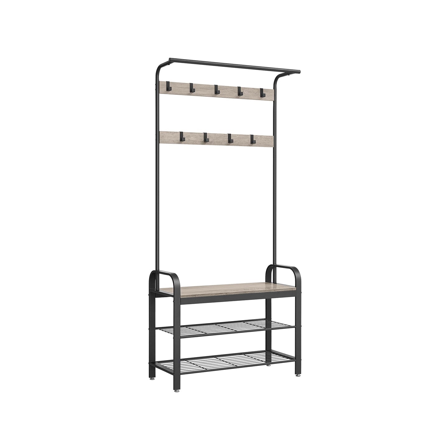 Coat Rack Stand - Steel - Rustic Brown and Black - Free Standing with Removable Hooks and Bench