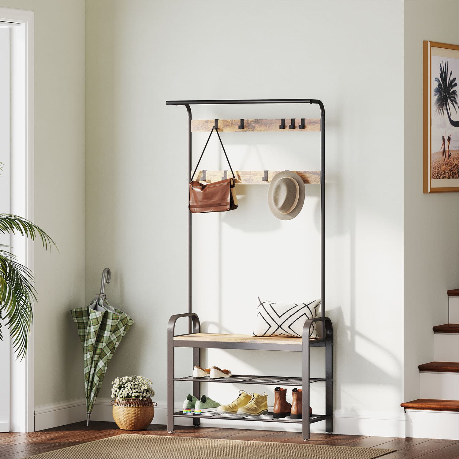 Coat Rack - Steel - Hazelnut Brown and Black - Free Standing Hall Tree with Shoe Bench and Removable Hooks