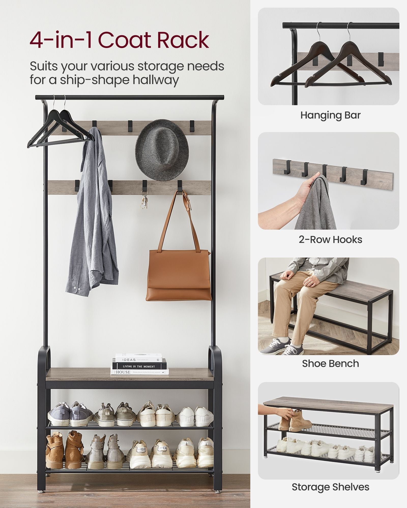 Coat Rack - Steel - Hazelnut Brown and Black - 4-in-1 Design with Shoe Storage Bench