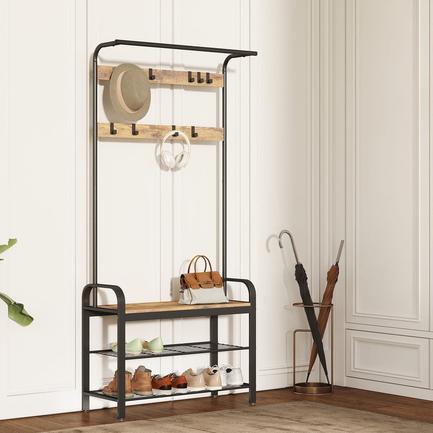 Coat Rack - Steel - Hazelnut Brown and Black - Free Standing Hall Tree with Shoe Bench and Removable Hooks