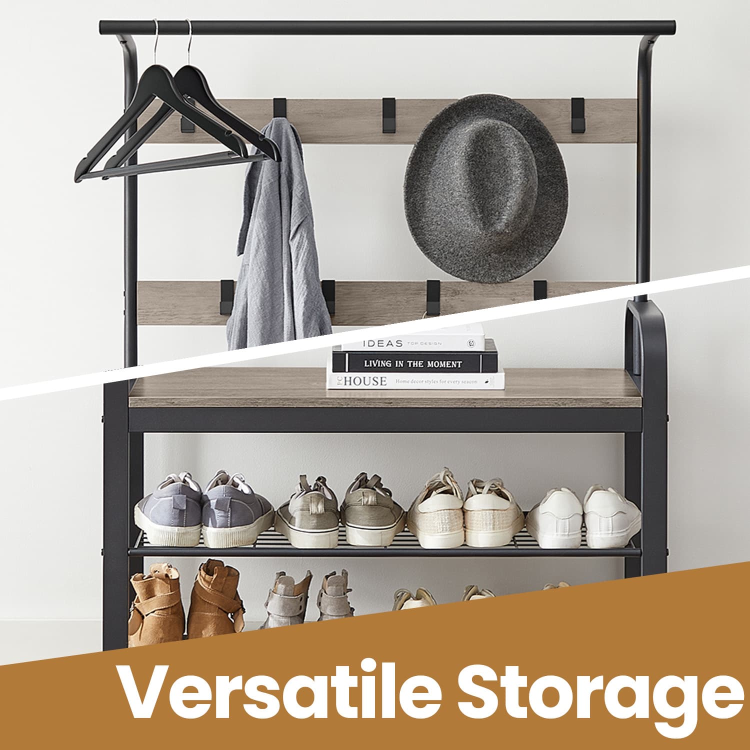 Coat Rack - Steel - Hazelnut Brown and Black - Free Standing Hall Tree with Shoe Bench and Removable Hooks