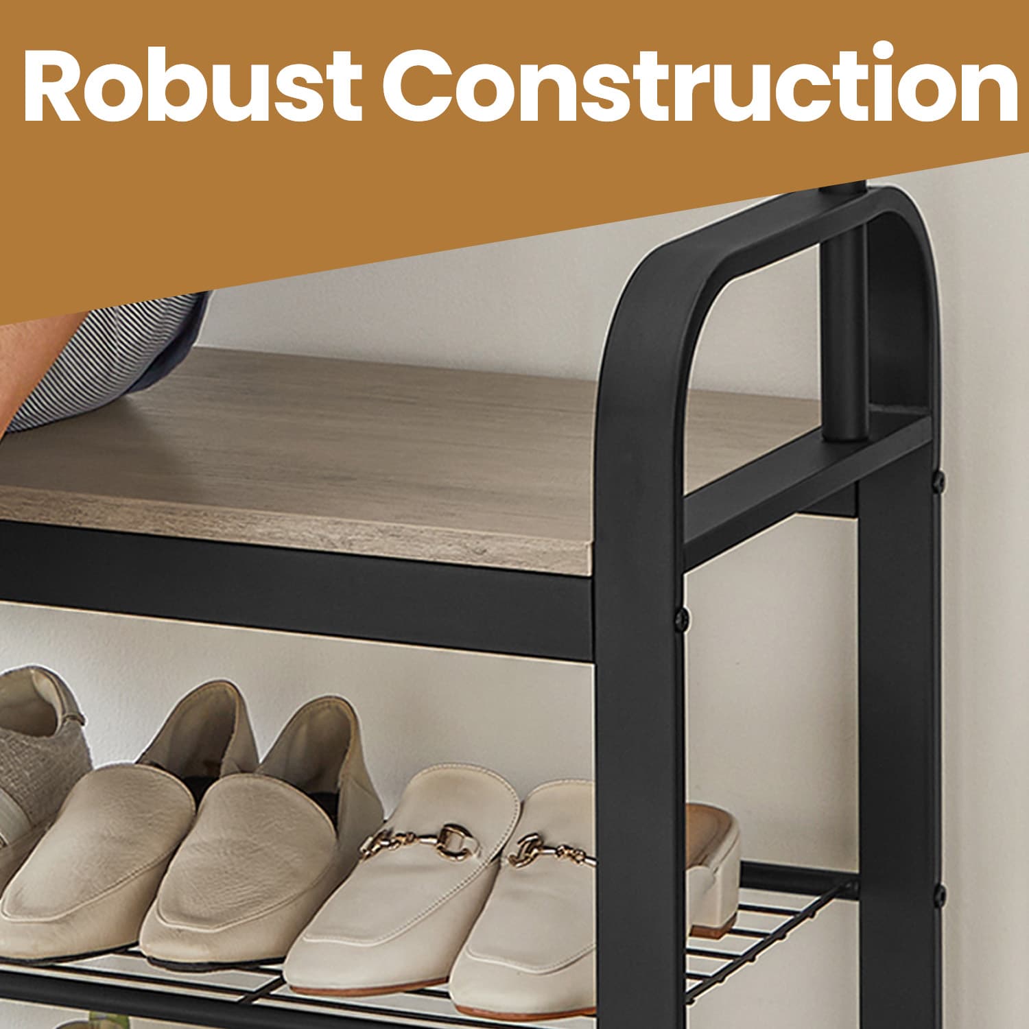 Coat Rack - Steel - Hazelnut Brown and Black - Free Standing Hall Tree with Shoe Bench and Removable Hooks