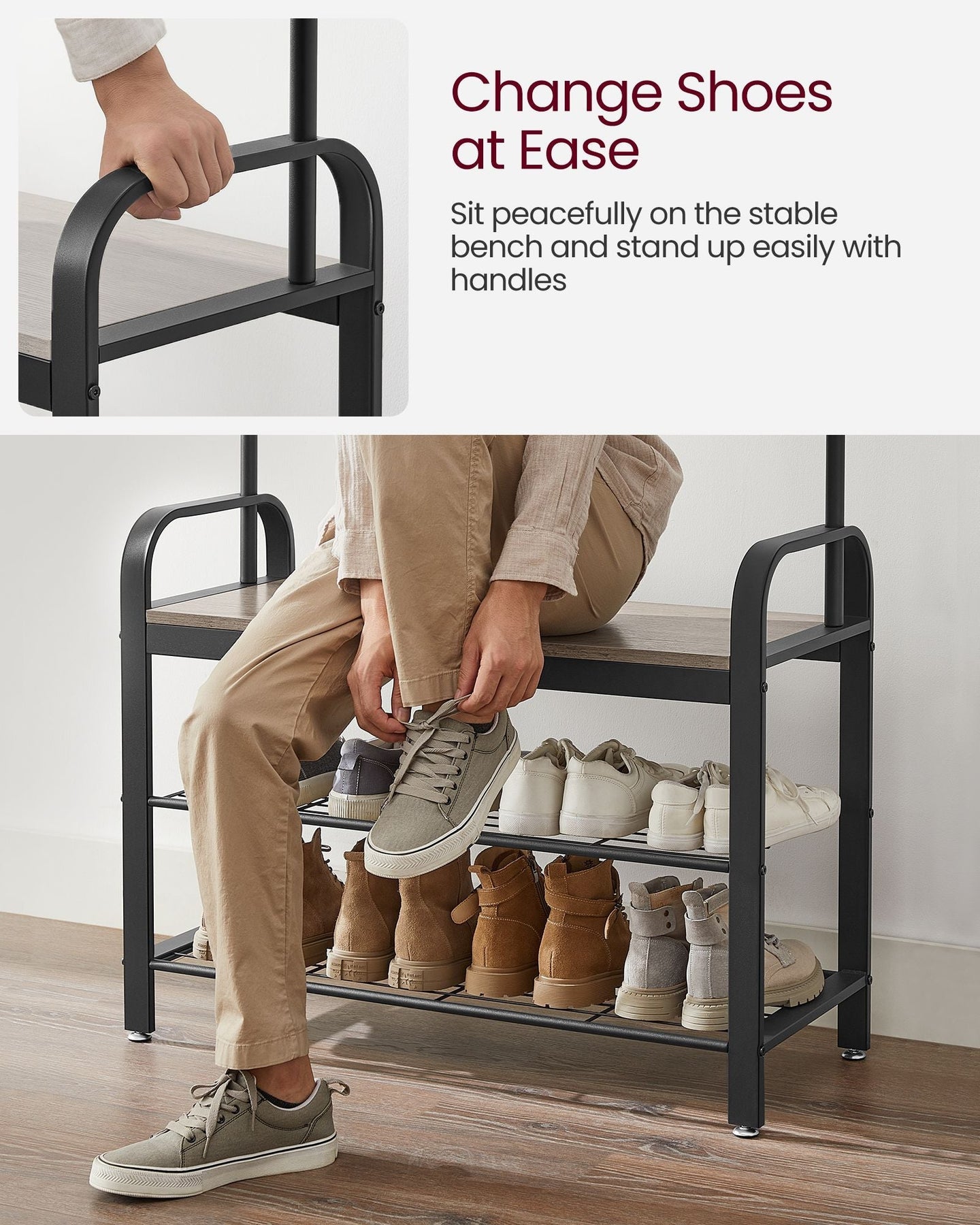 Coat Rack - Steel - Hazelnut Brown and Black - 4-in-1 Design with Shoe Storage Bench