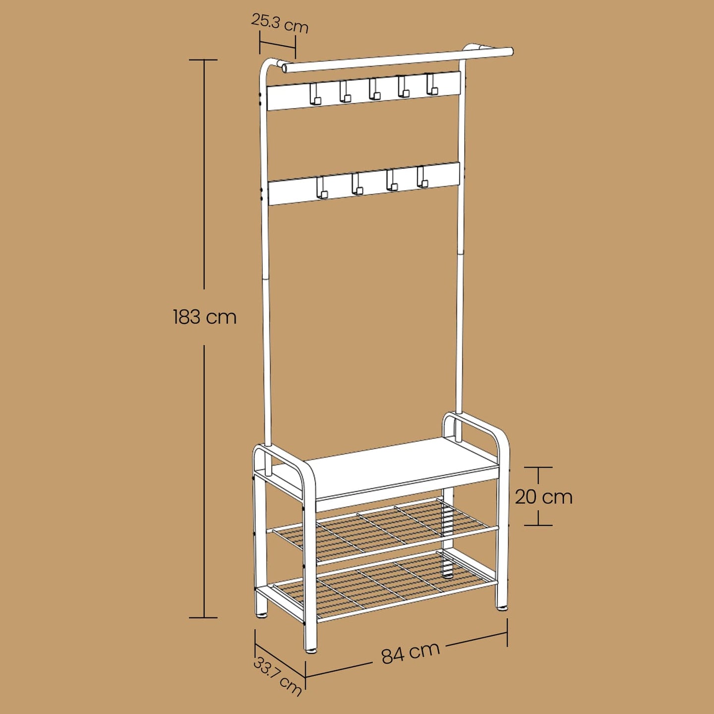 Coat Rack - Steel - Hazelnut Brown and Black - Free Standing Hall Tree with Shoe Bench and Removable Hooks