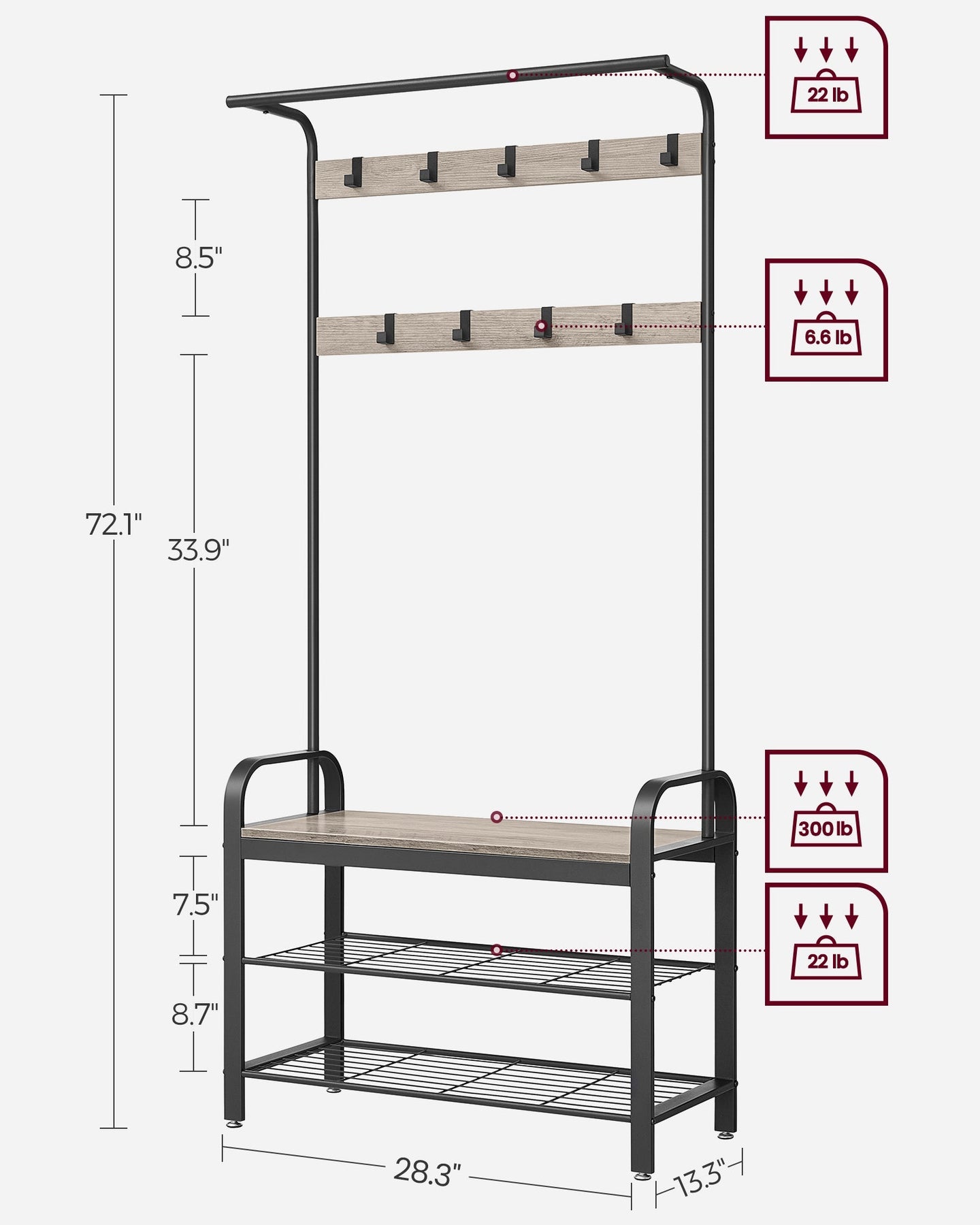 Coat Rack - Steel - Hazelnut Brown and Black - 4-in-1 Design with Shoe Storage Bench