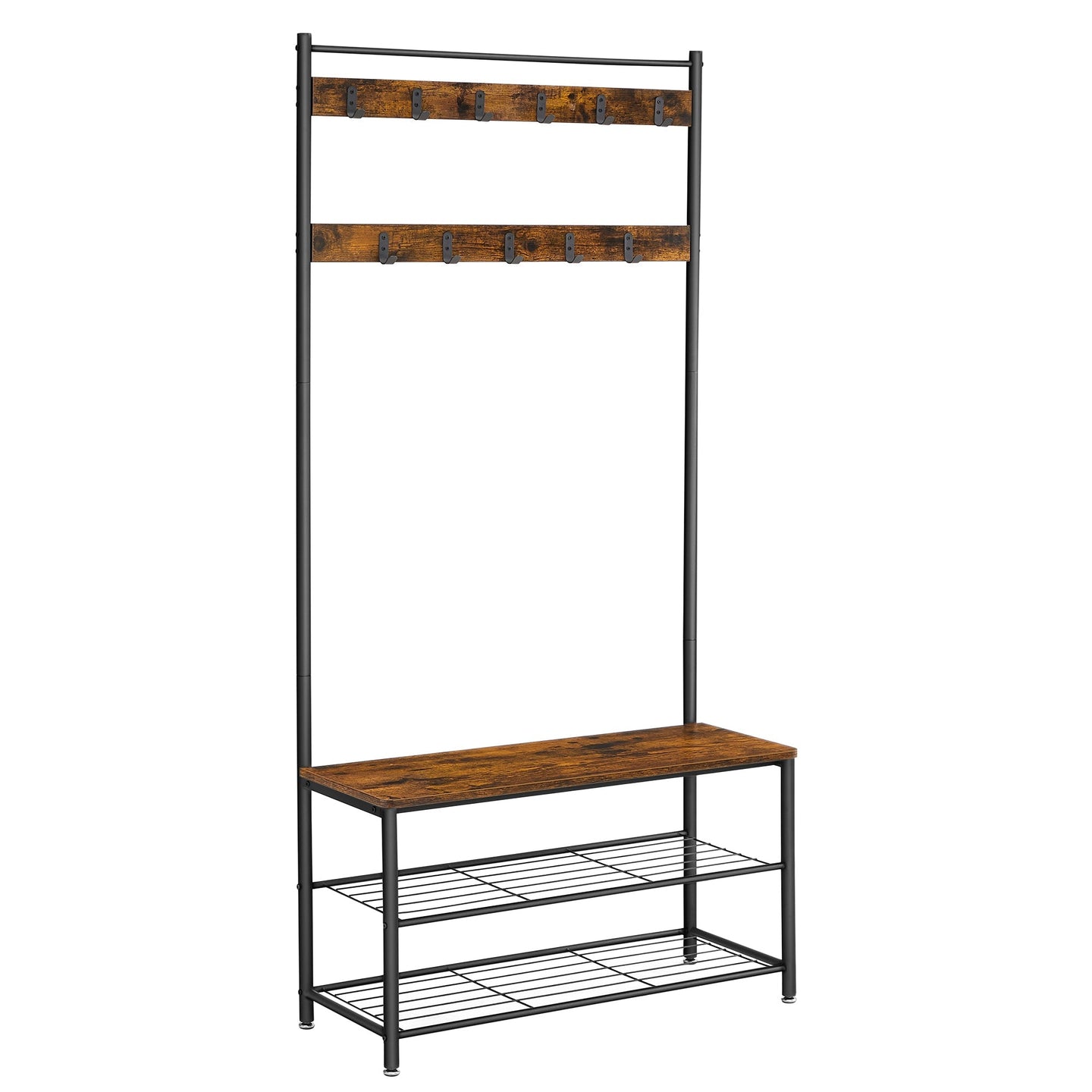 Coat Rack - Steel Frame - Rustic Brown and Black - 3-in-1 Design with Shoe Storage Bench