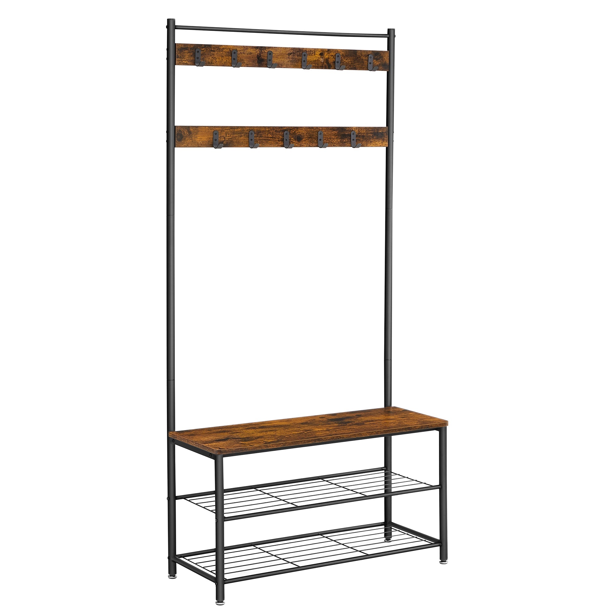 Coat Rack - Steel Frame - Rustic Brown and Black - 3-in-1 Design with Shoe Storage Bench