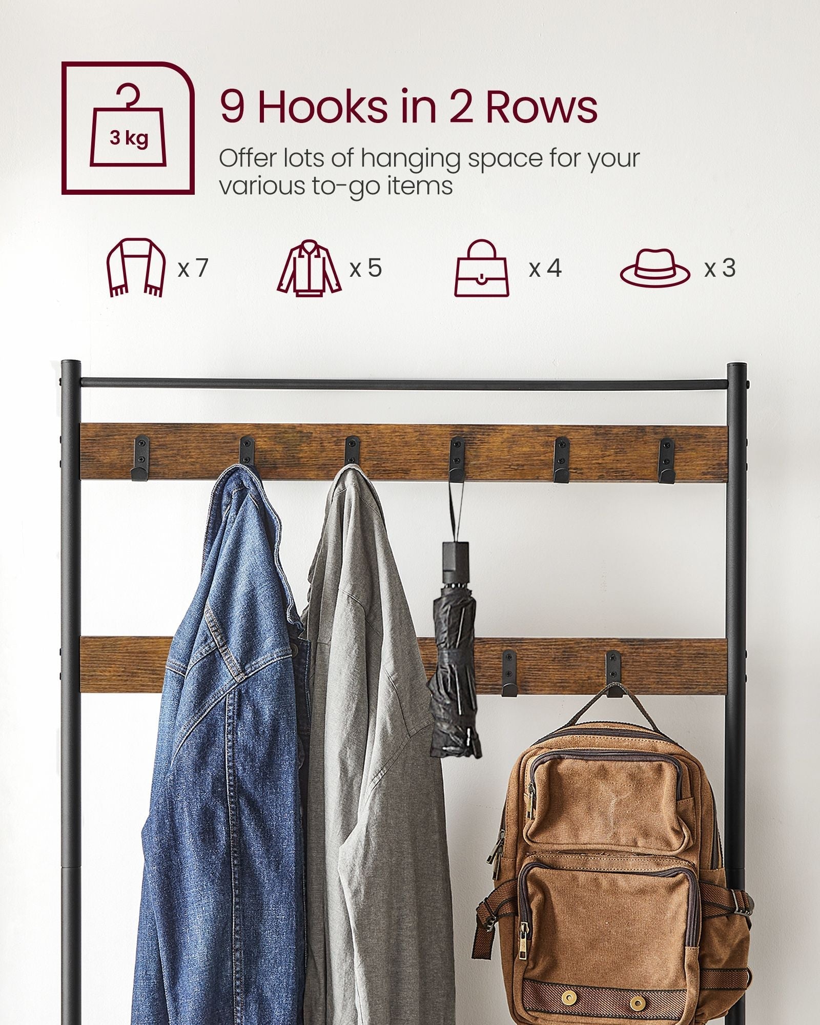 Coat Rack - Steel Frame - Rustic Brown and Black - 3-in-1 Design with Shoe Storage Bench