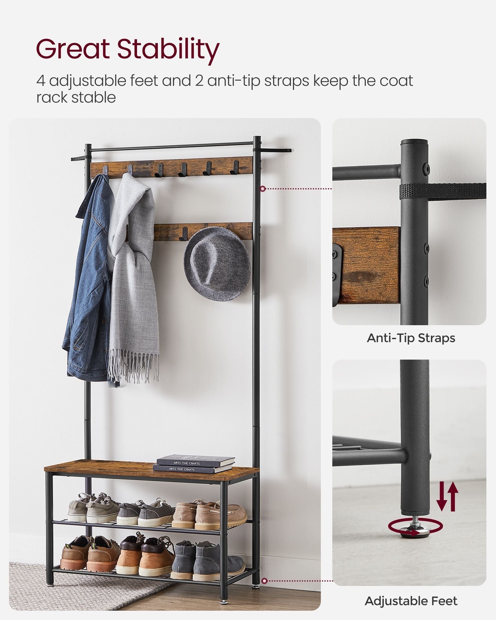 Coat Rack - Steel Frame - Rustic Brown and Black - 3-in-1 Design with Shoe Storage Bench
