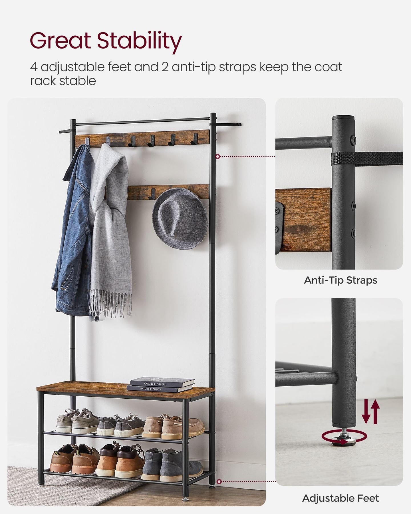 Coat Rack - Steel Frame - Rustic Brown and Black - 3-in-1 Design with Shoe Storage Bench
