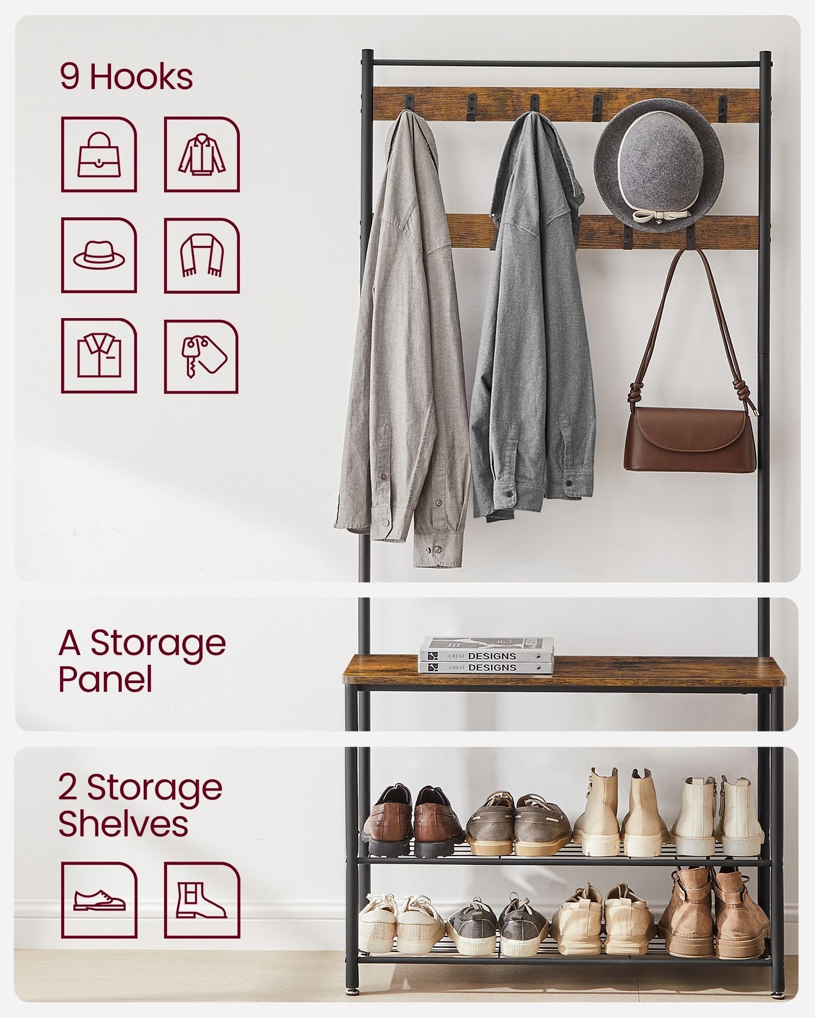 Coat Rack - Steel Frame - Rustic Brown and Black - 3-in-1 Design with Shoe Storage Bench