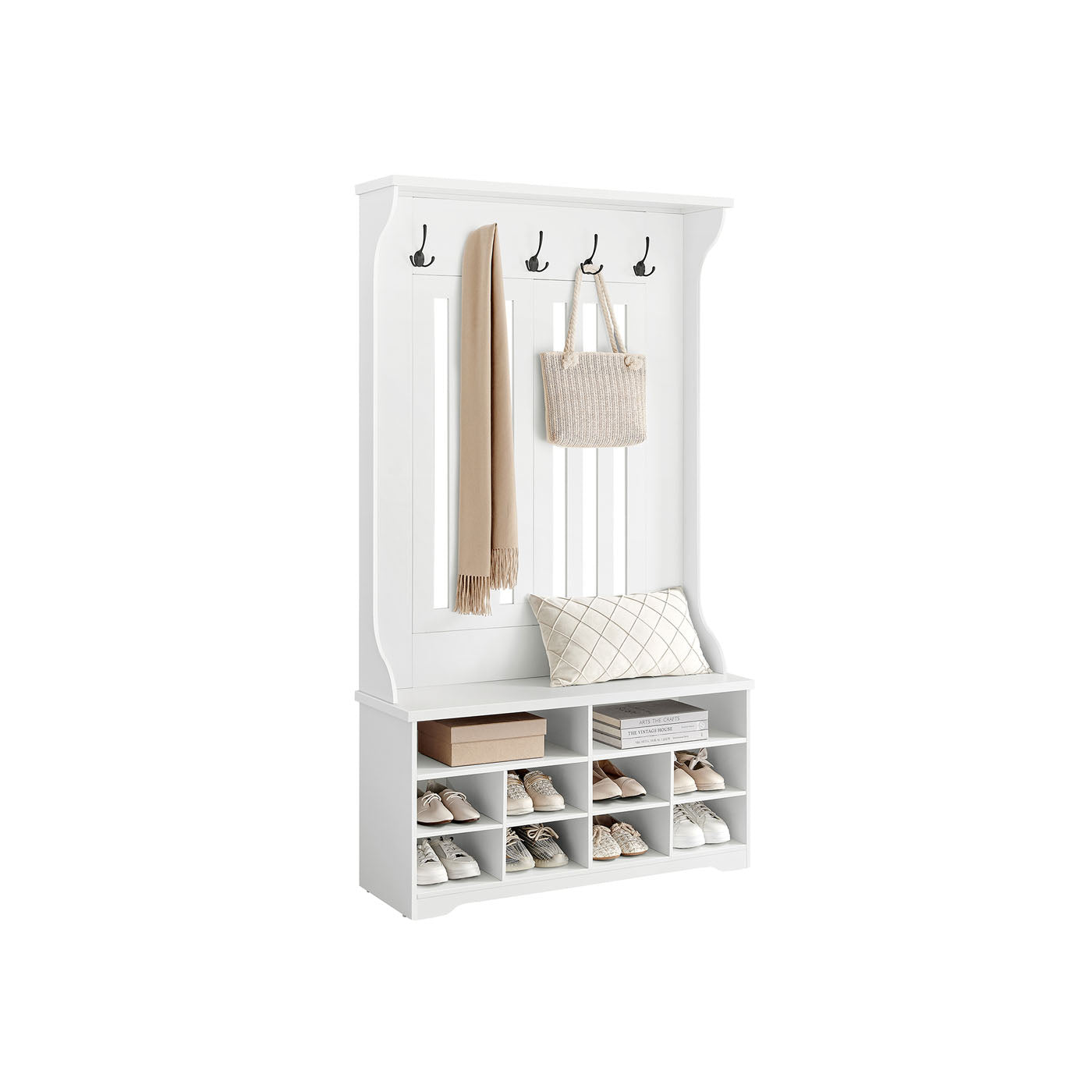 Hall Tree - Wood - Cloud White - Freestanding with Adjustable Shelves and Bench