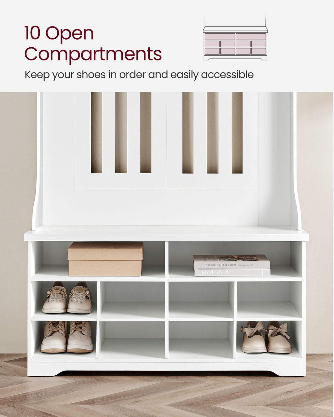 Hall Tree - Wood - Cloud White - Freestanding with Adjustable Shelves and Bench