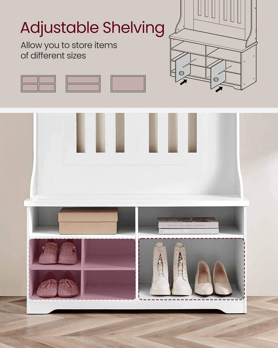 Hall Tree - Wood - Cloud White - Freestanding with Adjustable Shelves and Bench