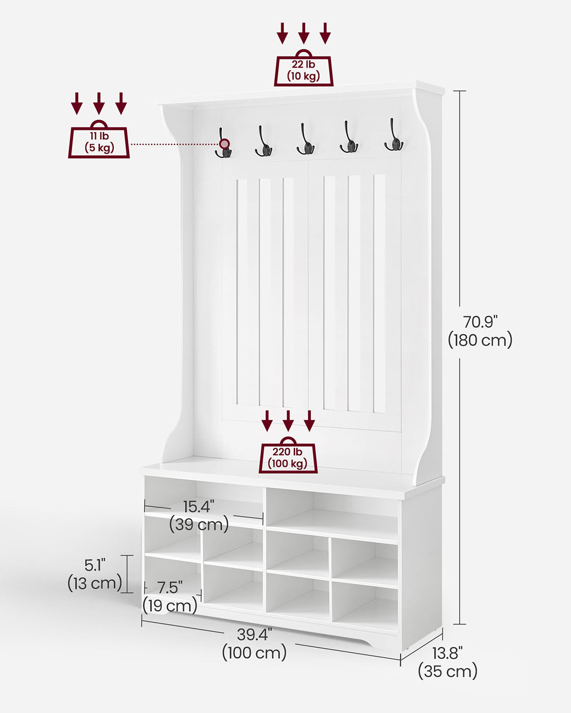 Hall Tree - Wood - Cloud White - Freestanding with Adjustable Shelves and Bench