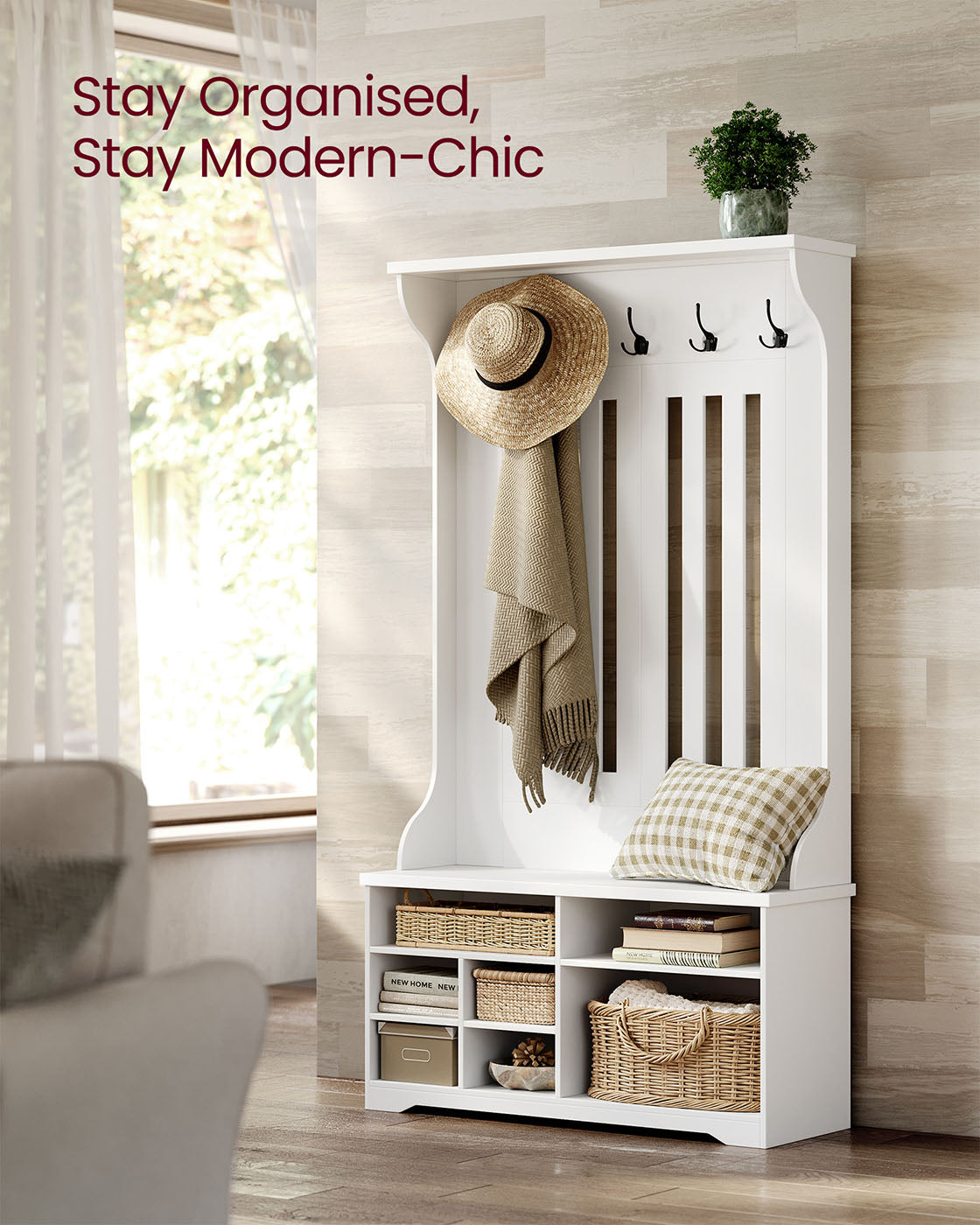 Hall Tree - Wood - Cloud White - Freestanding with Adjustable Shelves and Bench