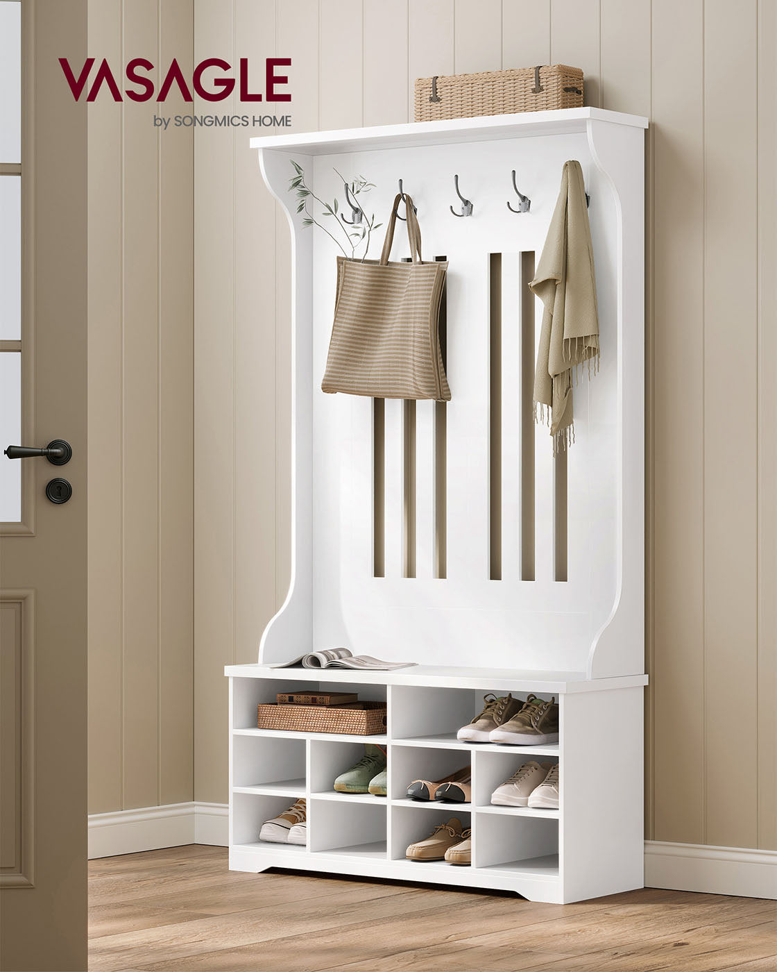 Hall Tree - Wood - Cloud White - Freestanding with Adjustable Shelves and Bench