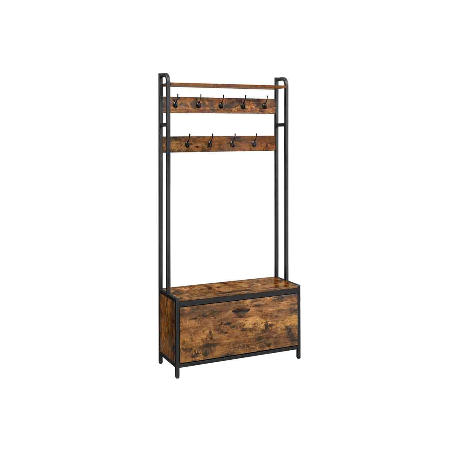 Coat Rack with Shoe Storage - 9 Hooks and Top Shelf - Wood - Rustic Brown and Black