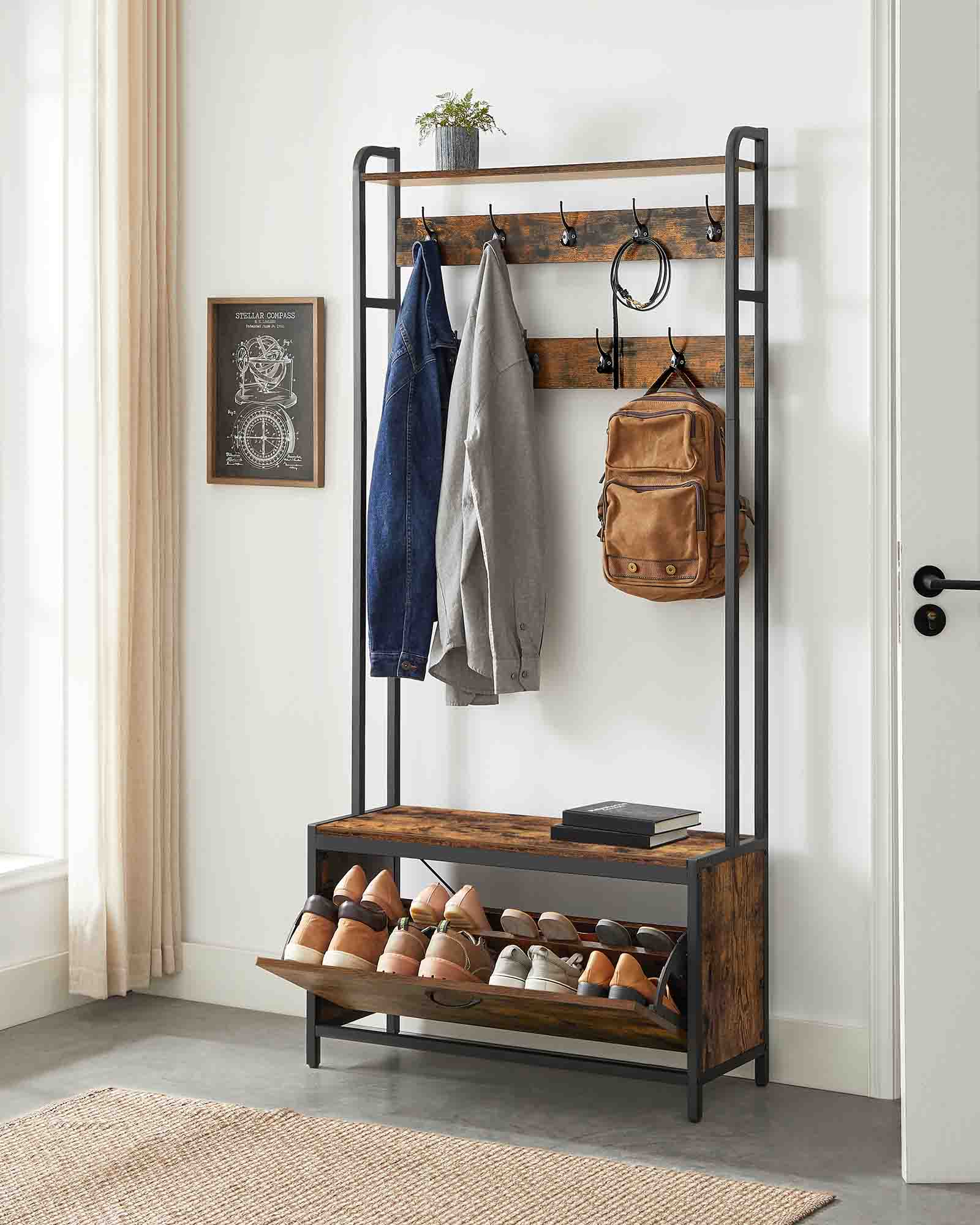 Coat Rack with Shoe Storage - 9 Hooks and Top Shelf - Wood - Rustic Brown and Black
