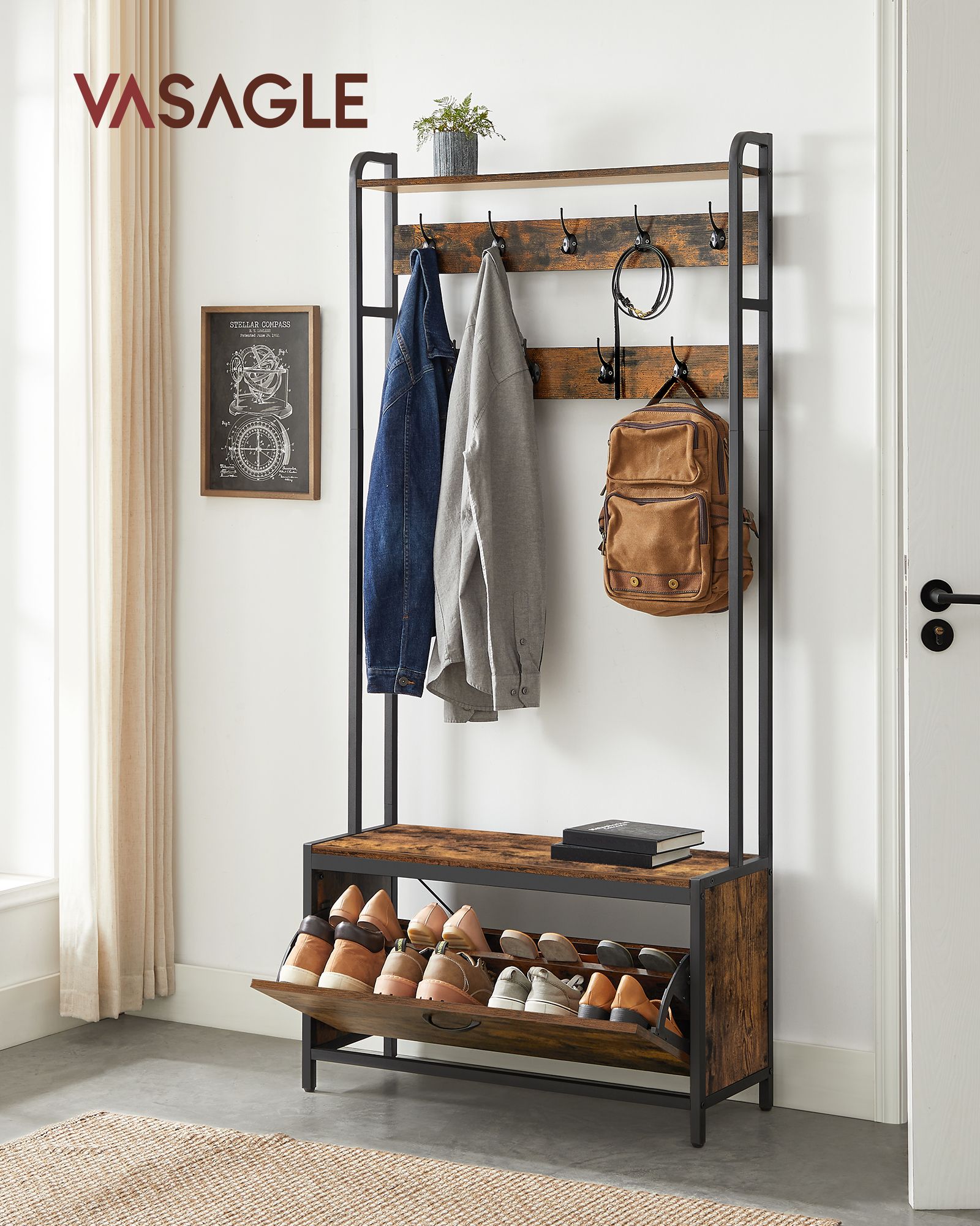 Coat Rack with Shoe Storage - 9 Hooks and Top Shelf - Wood - Rustic Brown and Black