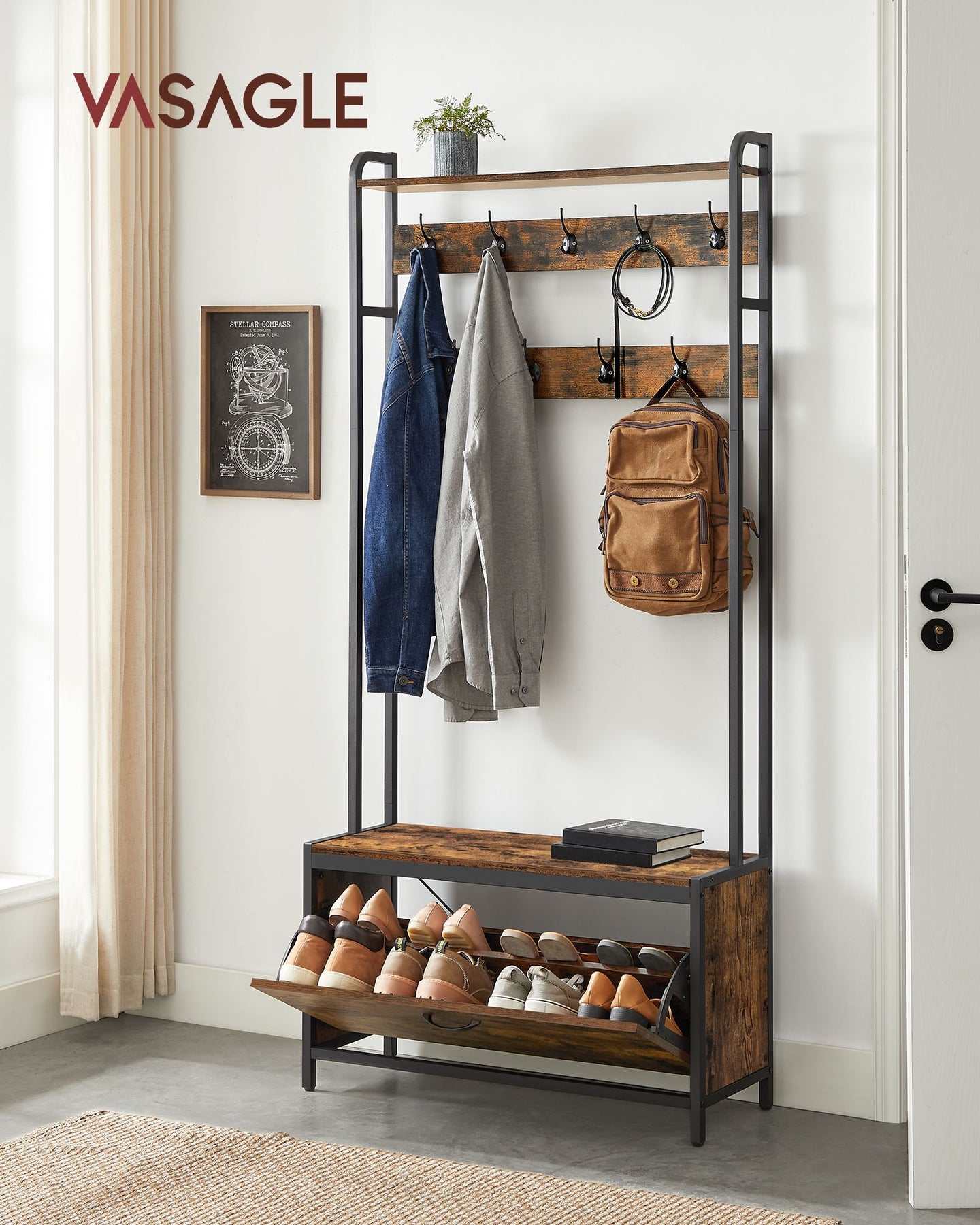 Coat Rack with Shoe Storage - 9 Hooks and Top Shelf - Wood - Rustic Brown and Black