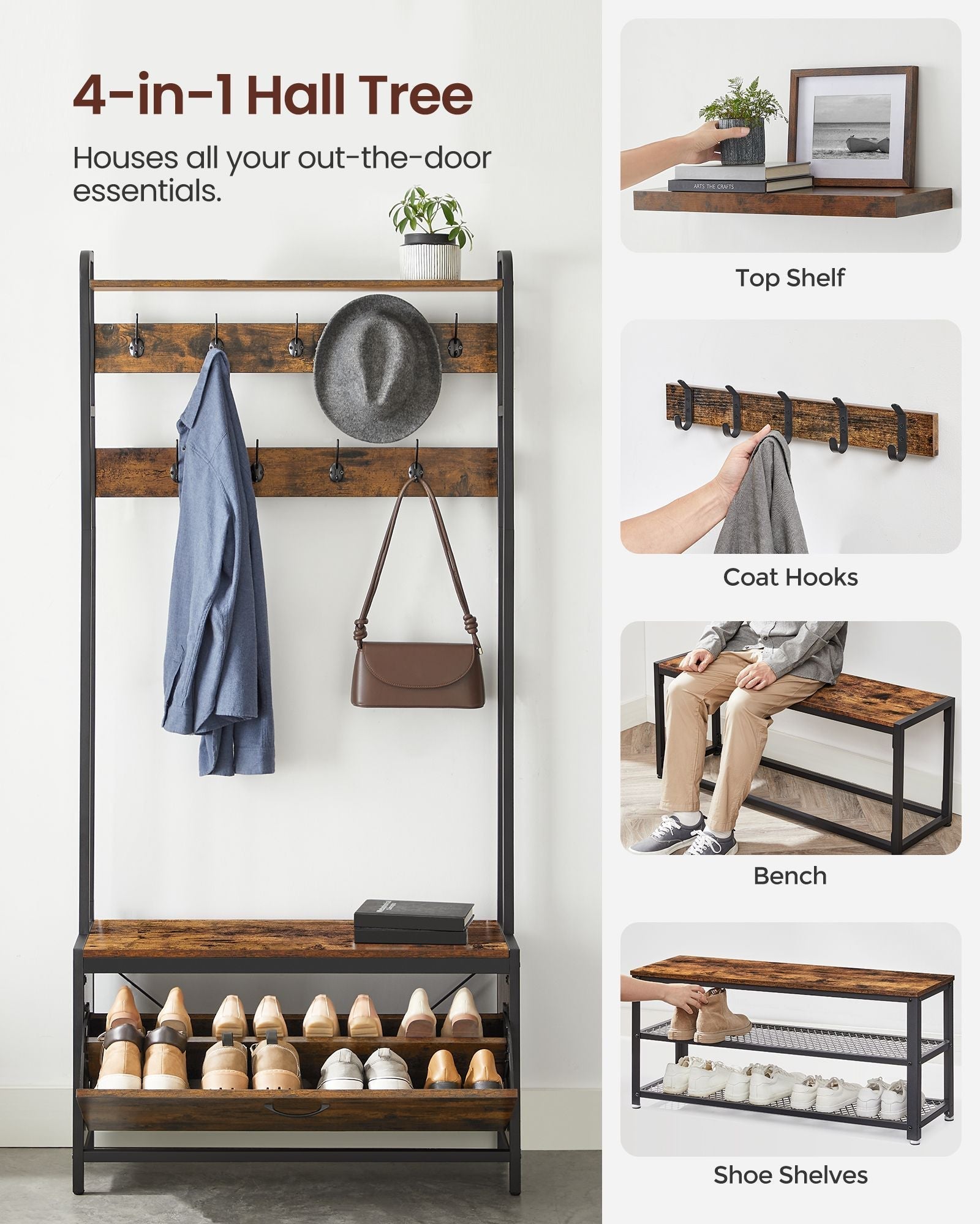 Coat Rack with Shoe Storage - 9 Hooks and Top Shelf - Wood - Rustic Brown and Black