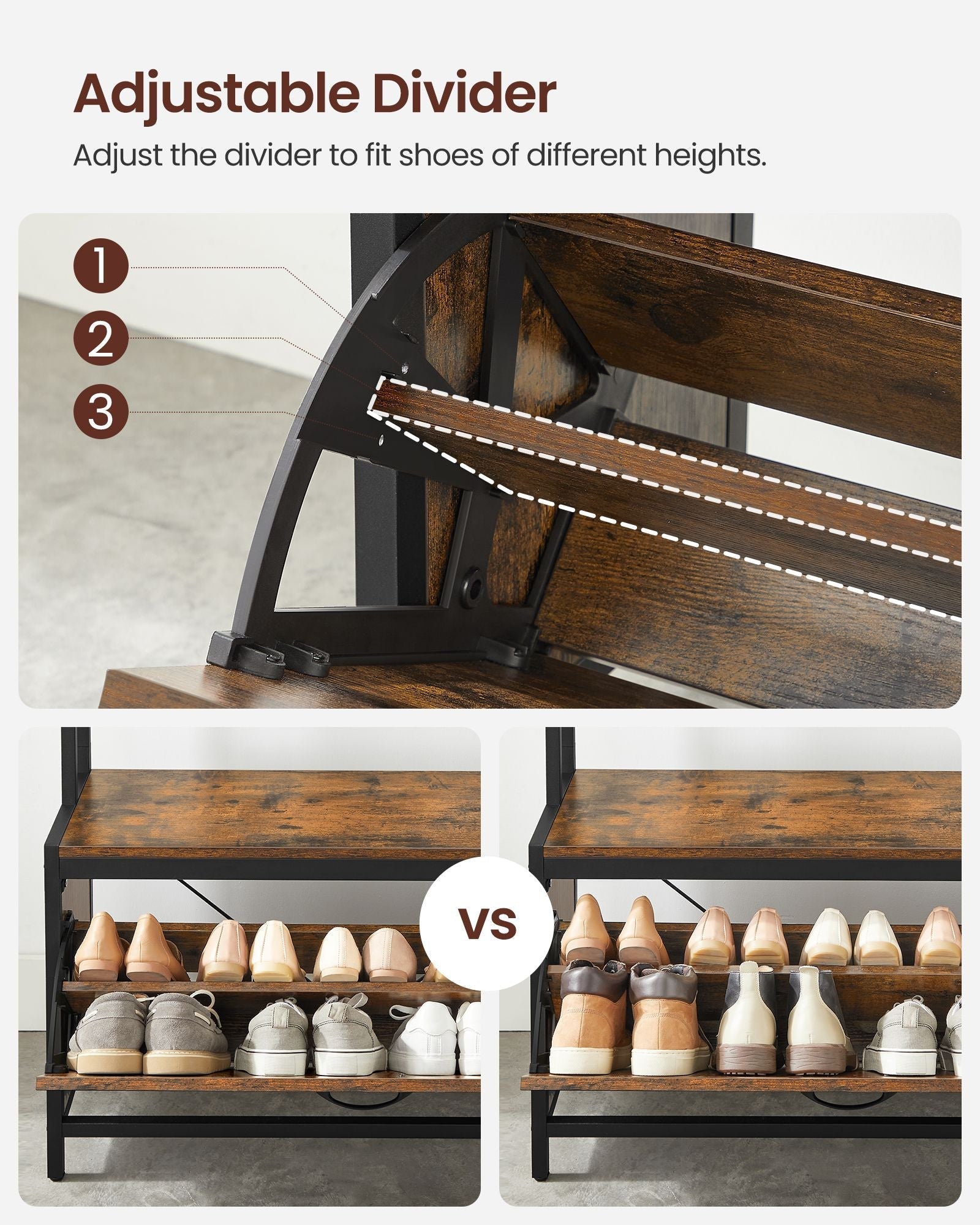 Coat Rack with Shoe Storage - 9 Hooks and Top Shelf - Wood - Rustic Brown and Black
