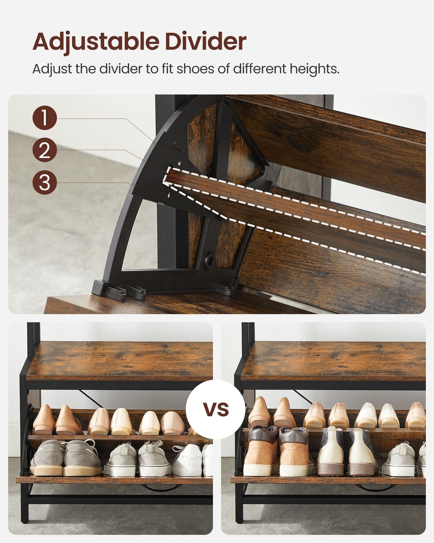 Coat Rack with Shoe Storage - 9 Hooks and Top Shelf - Wood - Rustic Brown and Black