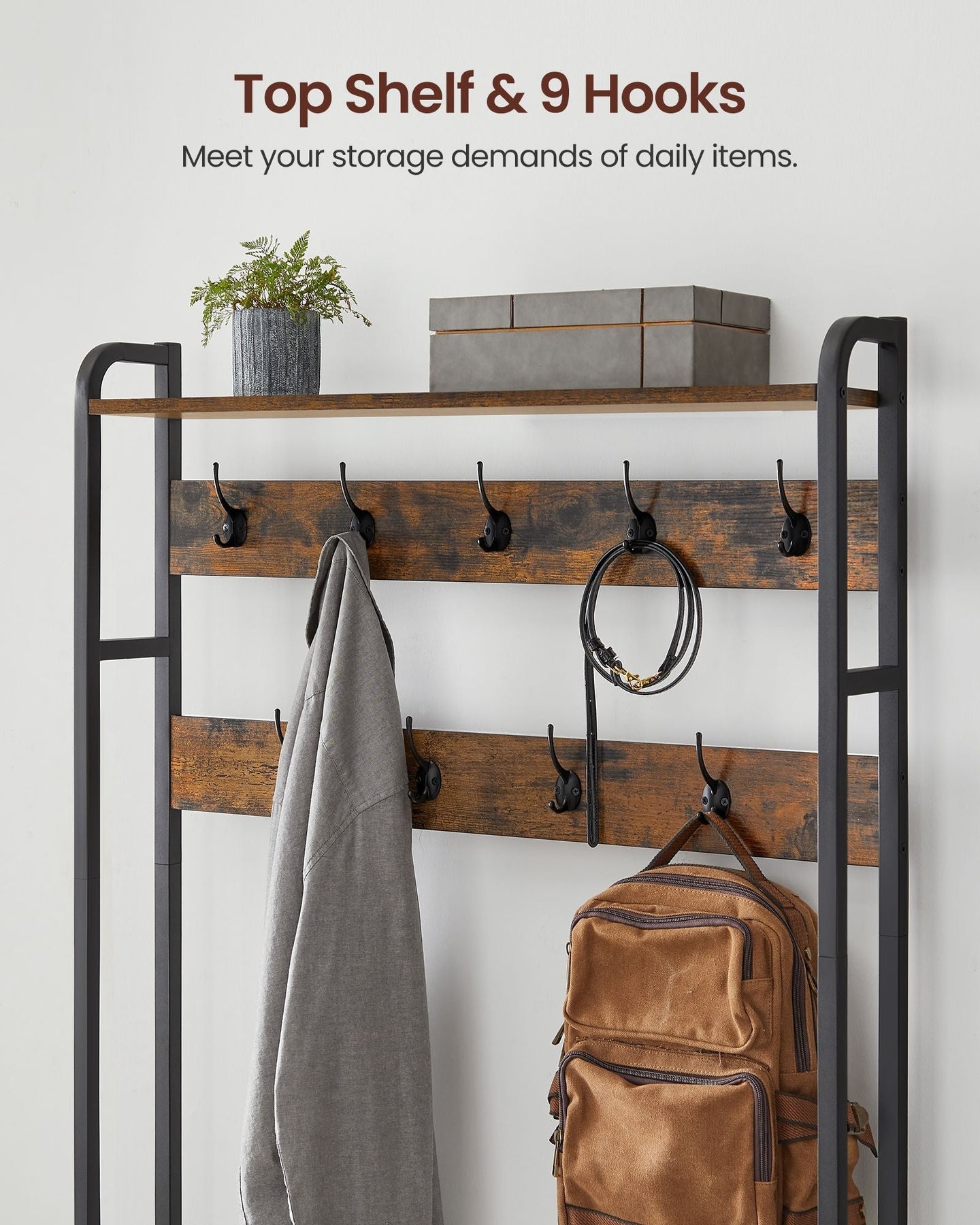 Coat Rack with Shoe Storage - 9 Hooks and Top Shelf - Wood - Rustic Brown and Black