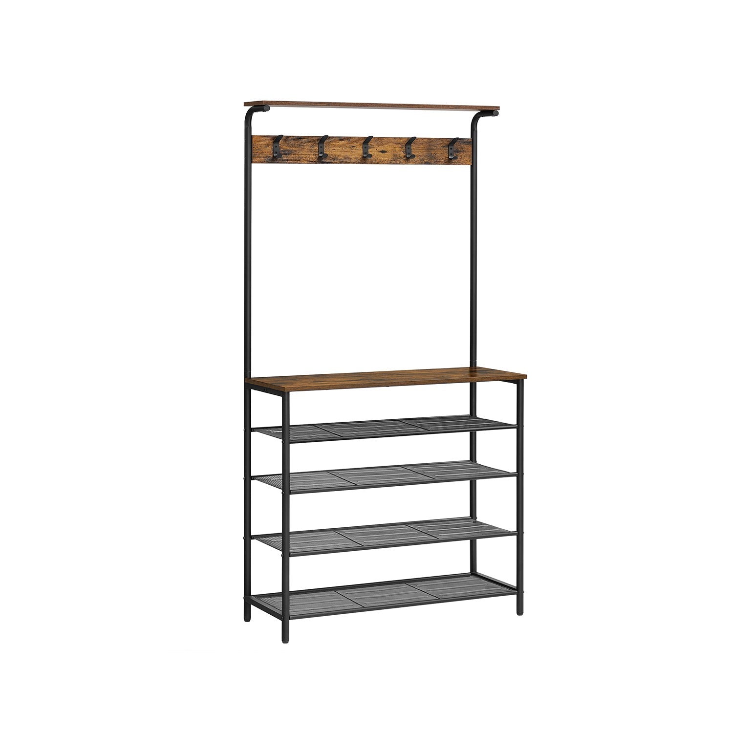 Clothes Rack - Metal - Rustic Brown and Black - Multiple Storage Options with Hooks