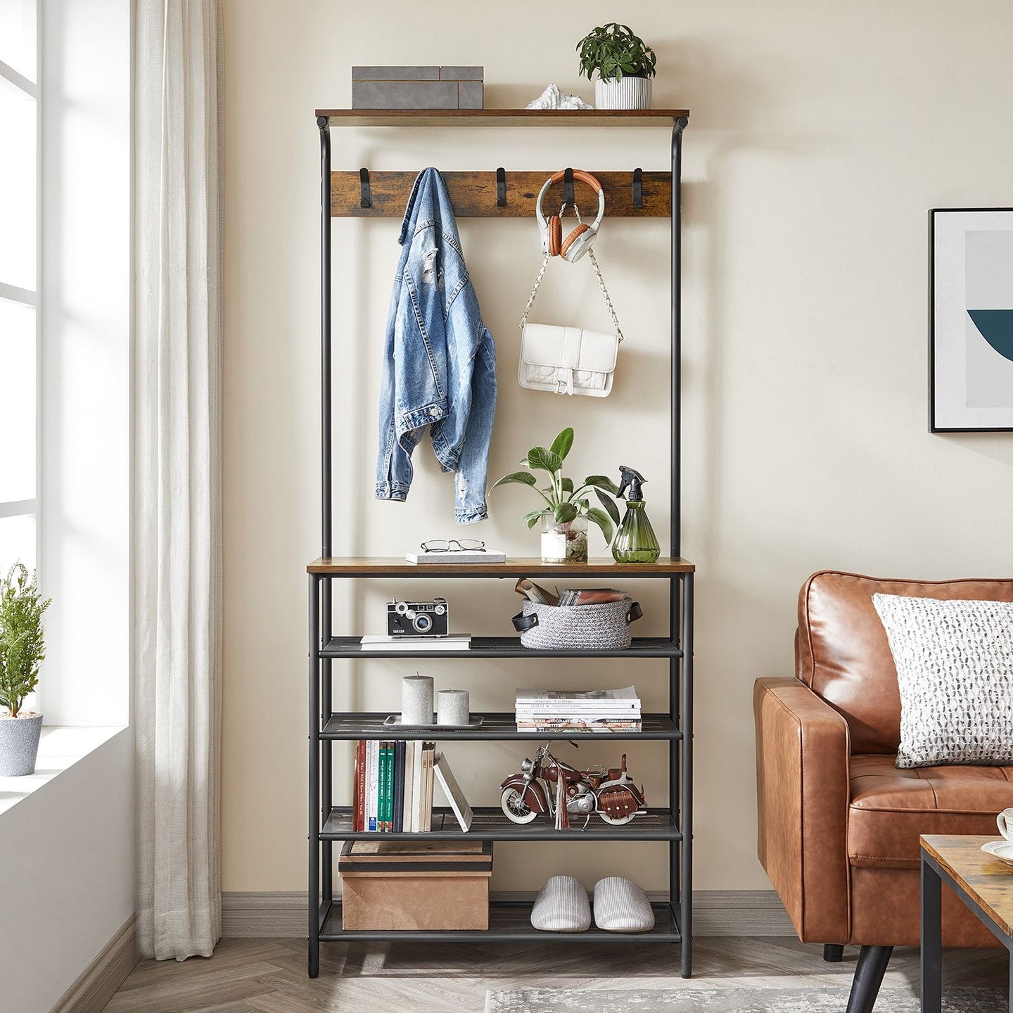 Clothes Rack - Metal - Rustic Brown and Black - Multiple Storage Options with Hooks