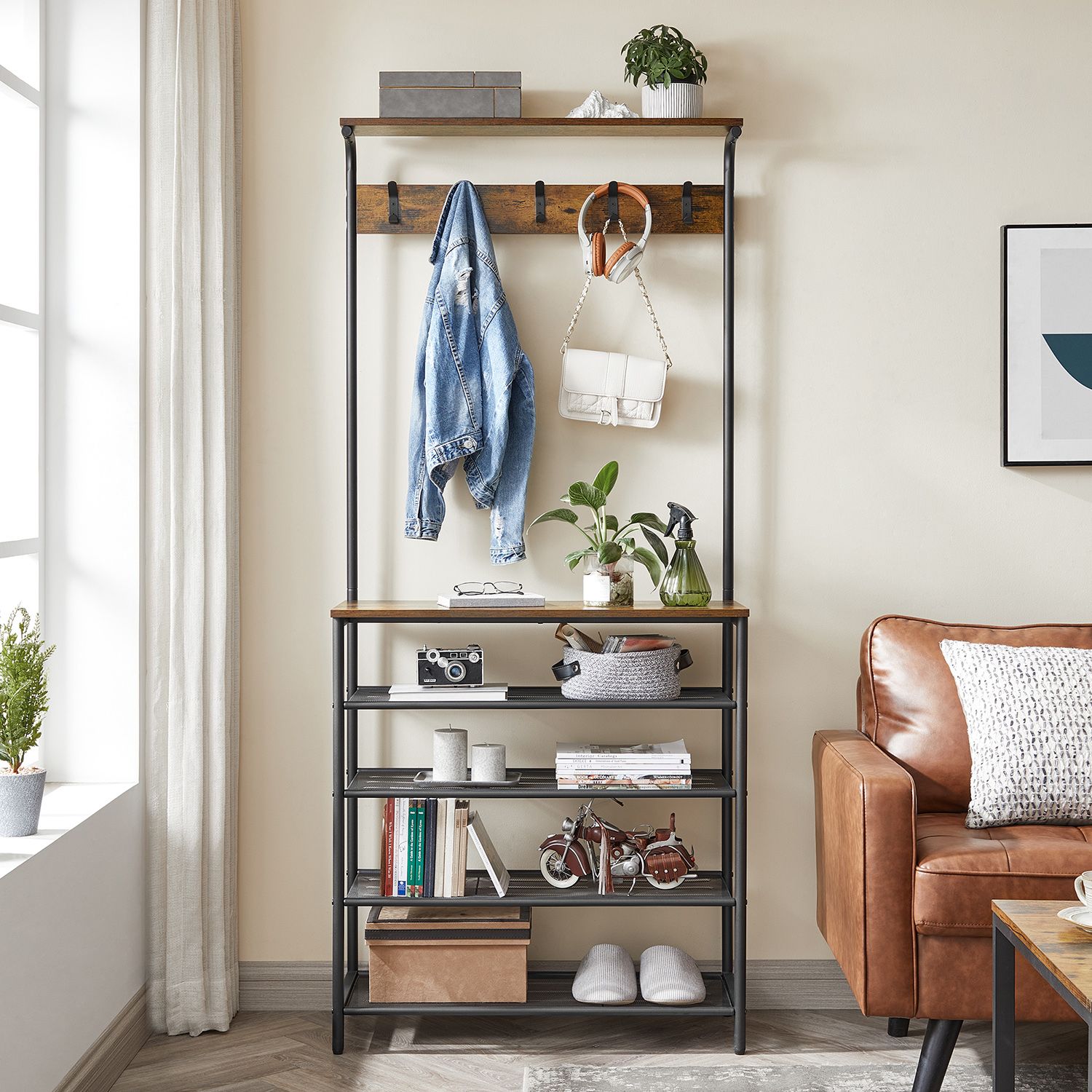 Clothes Rack - Metal - Rustic Brown and Black - Multiple Storage Options with Hooks