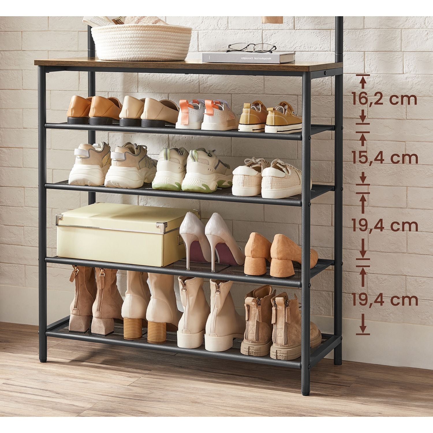 Clothes Rack - Metal - Rustic Brown and Black - Multiple Storage Options with Hooks
