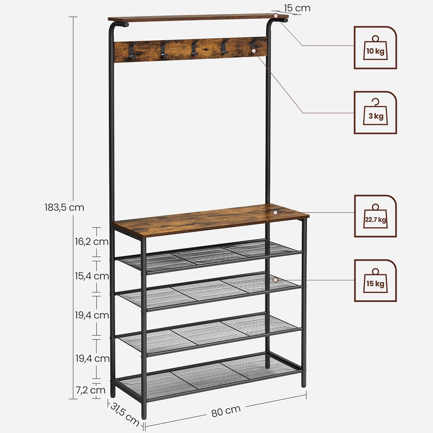 Clothes Rack - Metal - Rustic Brown and Black - Multiple Storage Options with Hooks