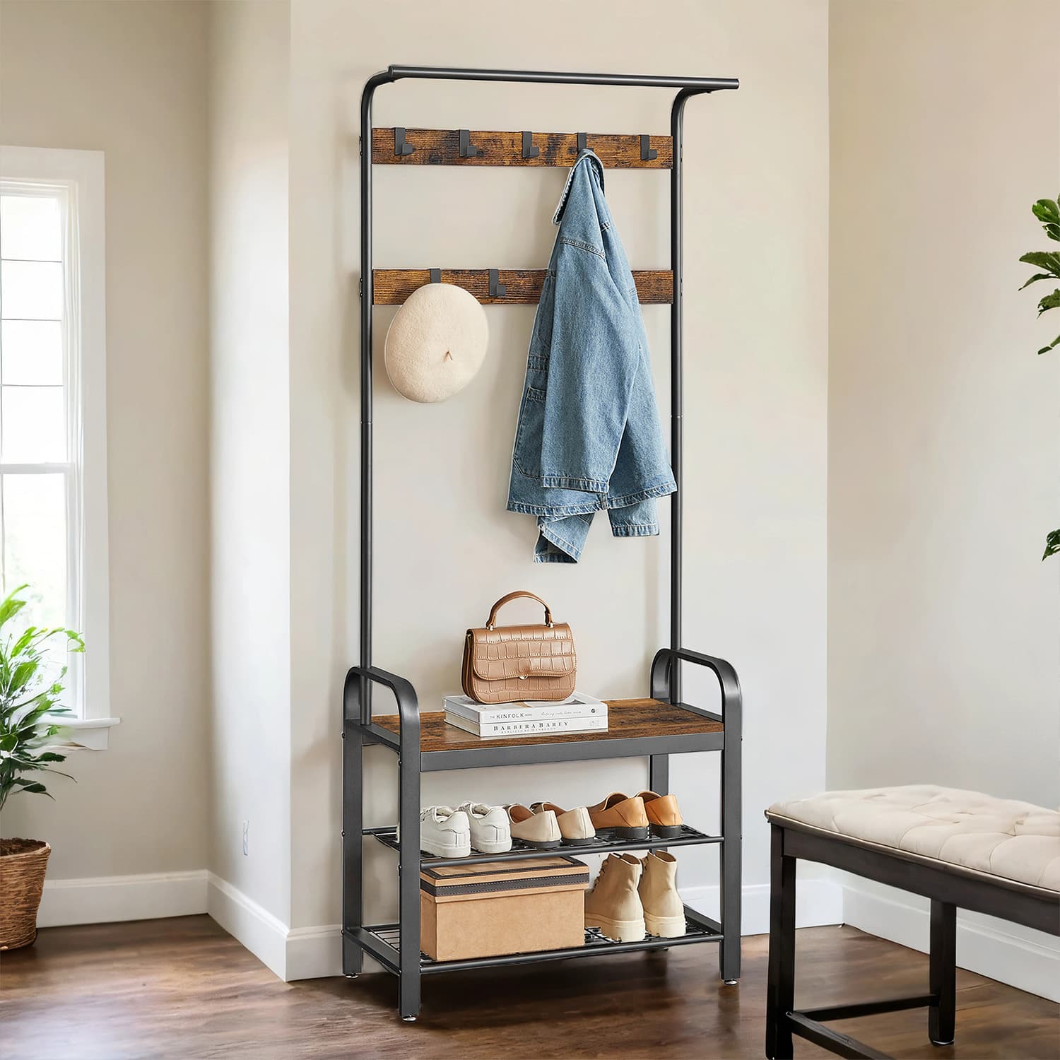 Hall Tree - Wood - Rustic Brown and Black - 4-in-1 Design with Bench and 9 Removable Hooks